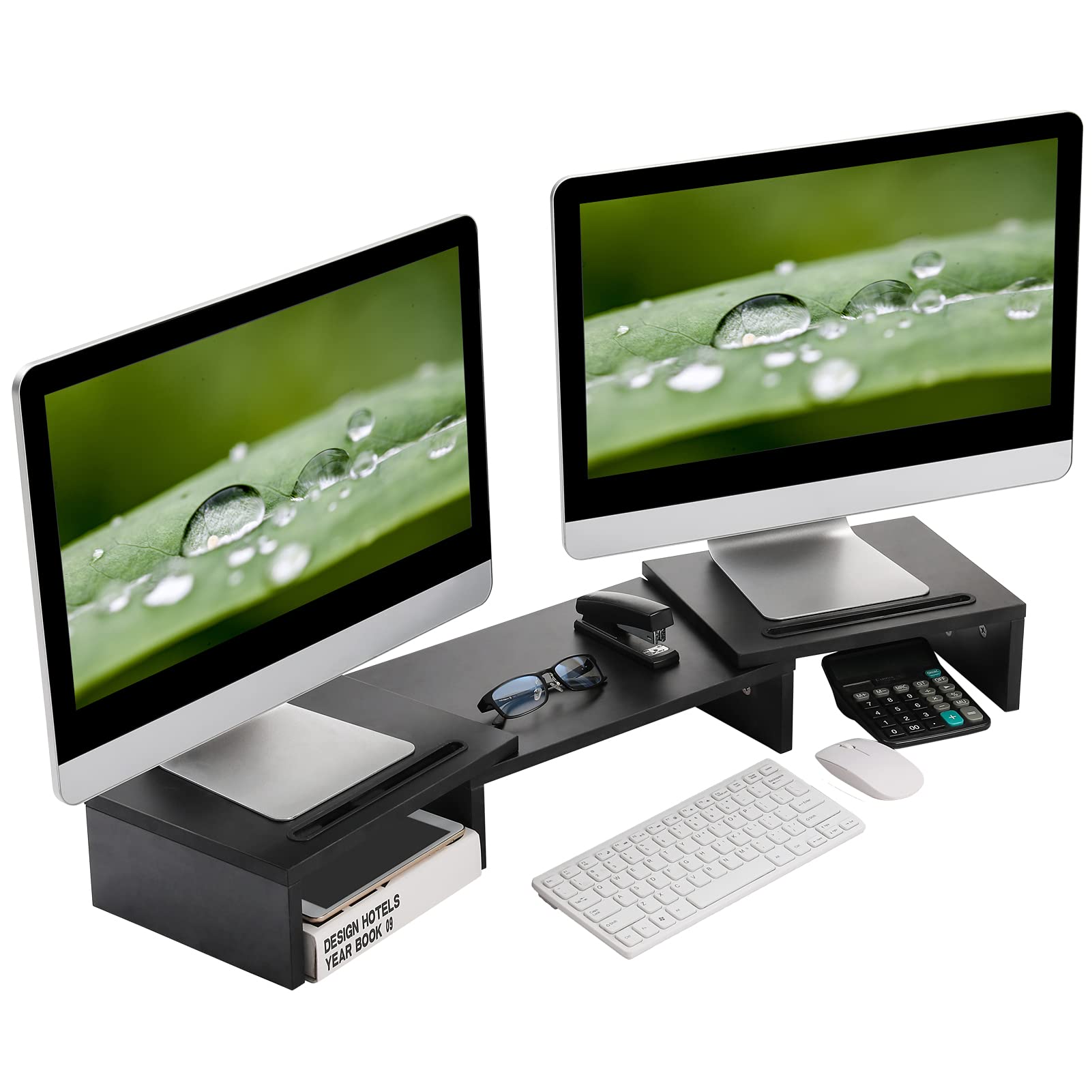 SUPERJARE Dual Monitor Stand Riser - Adjustable Desktop Organizer for Laptop, Computer, TV & Printer with Tablet/Phone Holder - Black | Perfect for Home Office & Workspace Organization