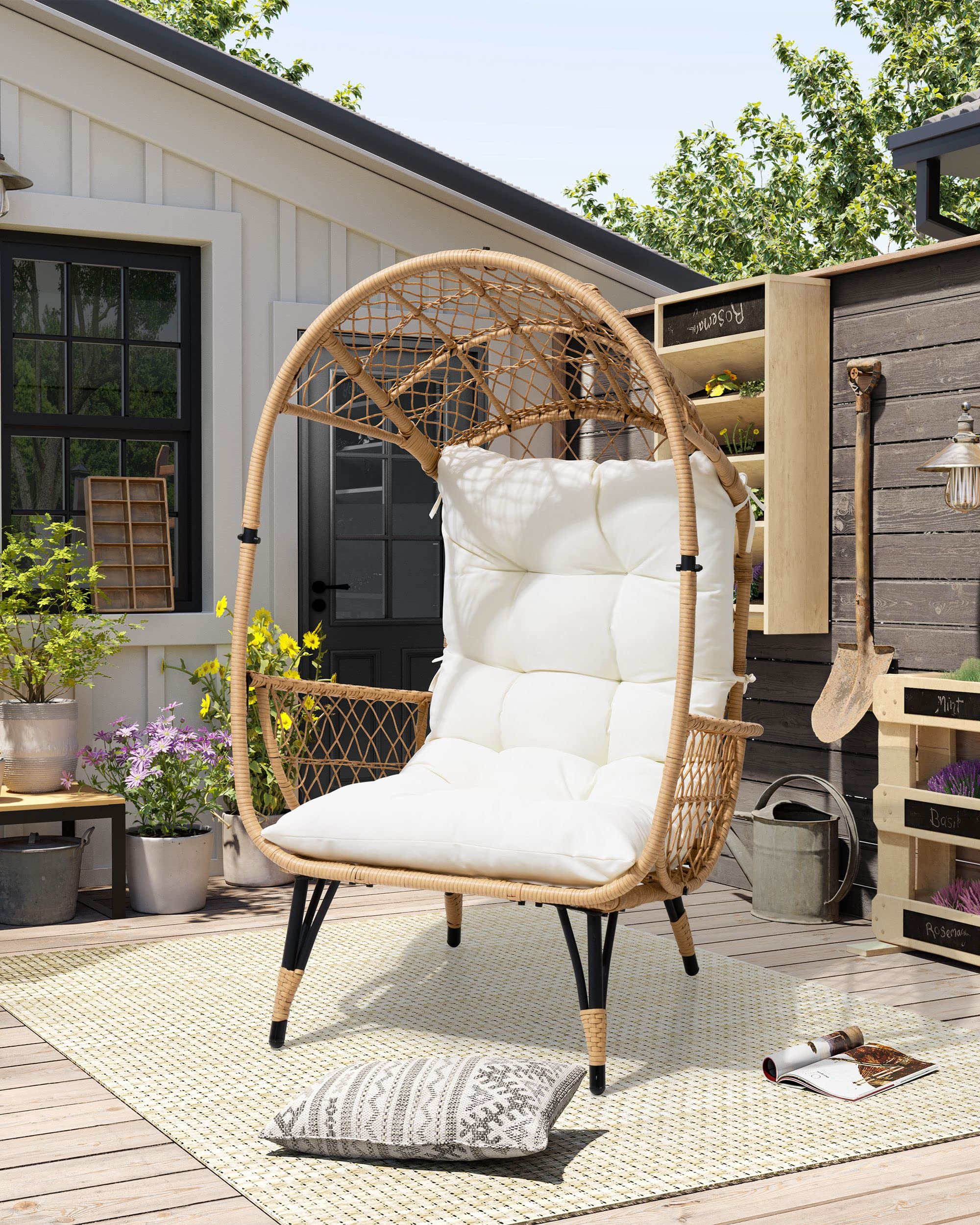 Hand Woven Wicker Egg Chair - Oversized Patio Sun Shade Hanging Chair with Wide Armrests & Cushion, Sturdy Metal Frame Lounge Chair for Relaxing in Garden, Deck, Balcony or Backyard - Perfect for Outdoor Lounging, Reading Nooks & Cozy Relaxation Spaces