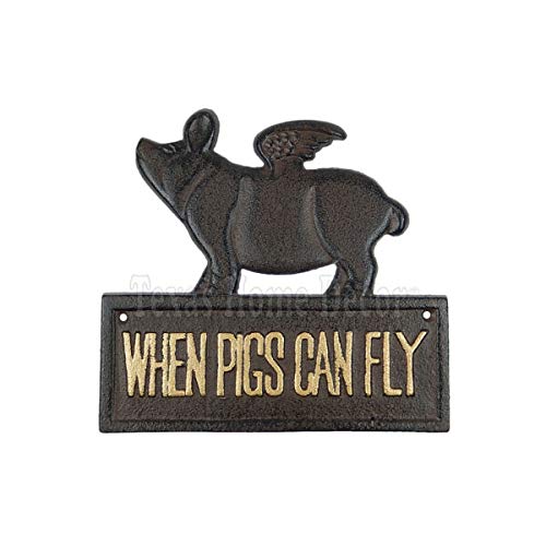 Vintage Cast Iron Wall Plaque - Rustic Gold Antique Style 'When Pigs Fly' Sign for Home & Farmhouse Decor | Perfect for Kitchen, Living Room, or Outdoor Wall Art