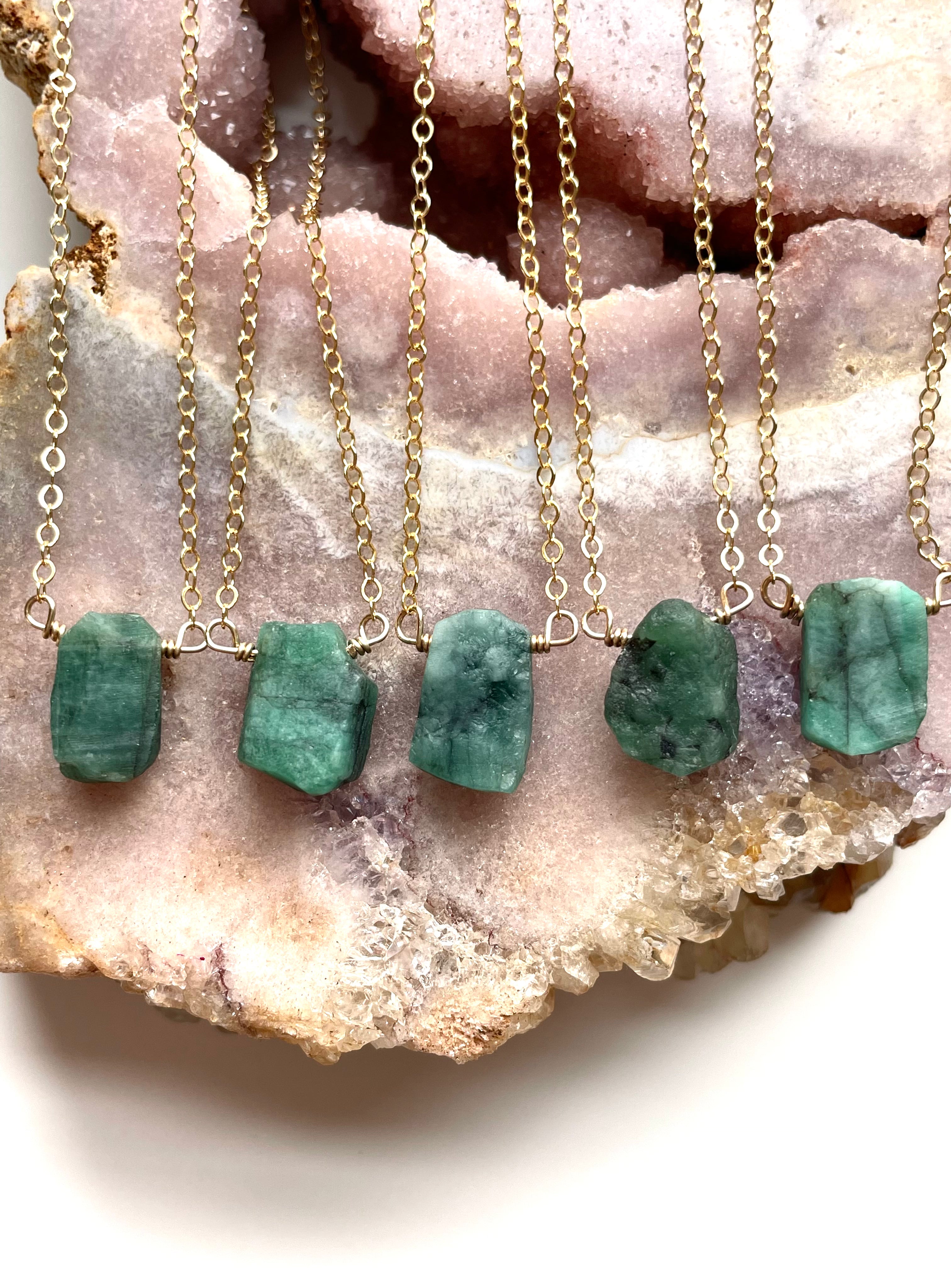 Natural Raw Emerald Pendant Necklace - 14K Gold Filled or 925 Sterling Silver Chain - Boho Chic Jewelry for Women, Gift for Her, Birthday & Anniversary Present