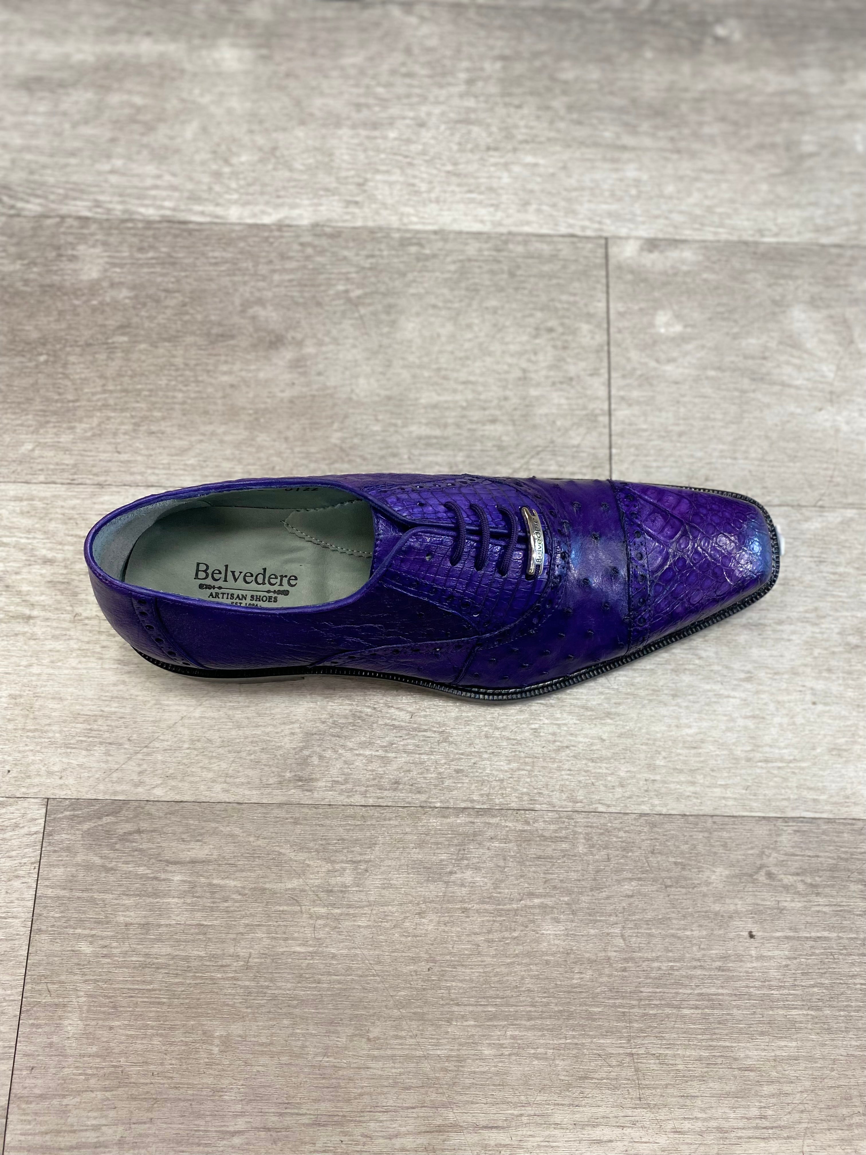 Belvedere Onesto II Genuine Ostrich & Caiman Crocodile Leather Dress Shoes for Men - Purple Size 1419 | Luxury Formal Footwear for Business Meetings, Weddings & Special Occasions