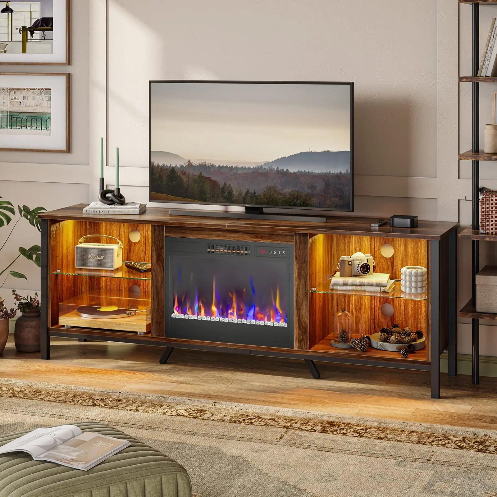 Bestier Modern LED Fireplace TV Stand with Electric Heater - 60 Inch Entertainment Center for Living Room, Bedroom & Home Theater