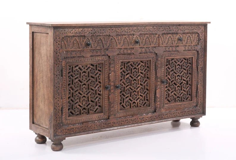 Brown Wooden Carved 3-Door 3-Drawer Sideboard Buffet Table - Rustic Dining Room Storage Cabinet for Kitchen, Living Room & Entryway