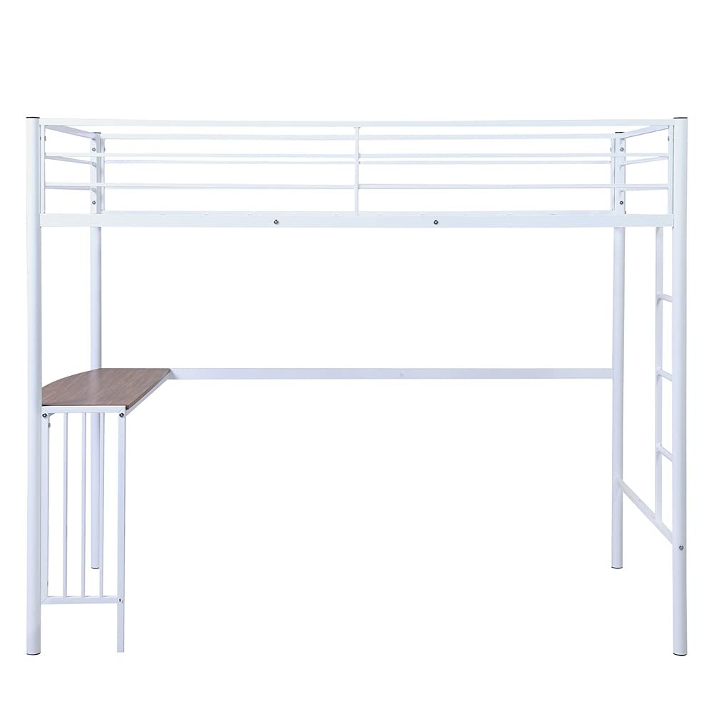 **Metal Loft Bed with Desk - Twin Size Space-Saving Furniture with Guardrails & Built-in Ladder, Sturdy Bed Frame for Kids & Teens - Perfect for Small Rooms, Dorms & Apartments (White)**