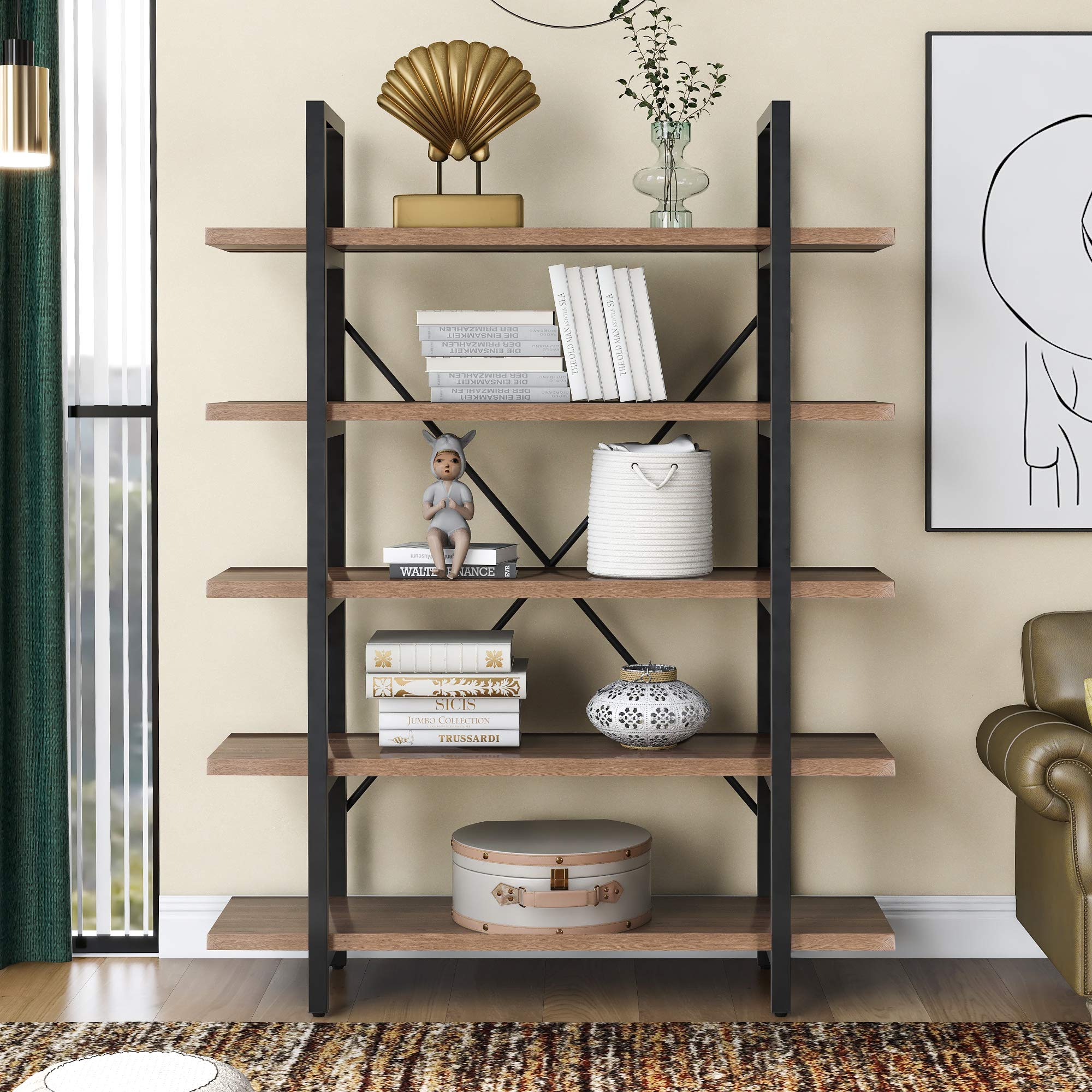 Merax 5-Tier Industrial Bookshelf - Rustic Brown Wood & Metal Frame Bookcase, 63
