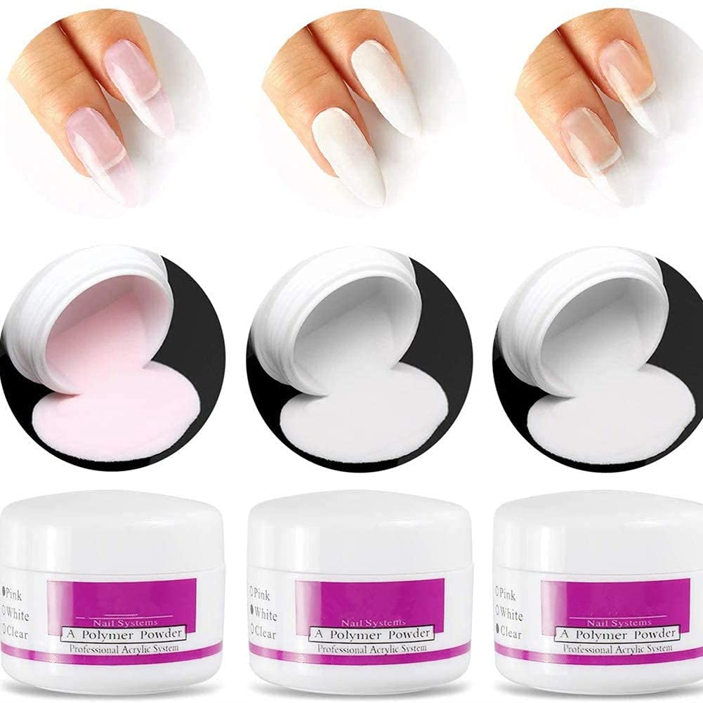 Professional Acrylic Nail Kit with 3 Colors (Pink, White, Clear) - 8g Acrylic Powder & 75ml Liquid Set for Nail Extensions & Art | Includes Acrylic Art Brush | Perfect for Salon, Home Manicures & DIY Nail Designs