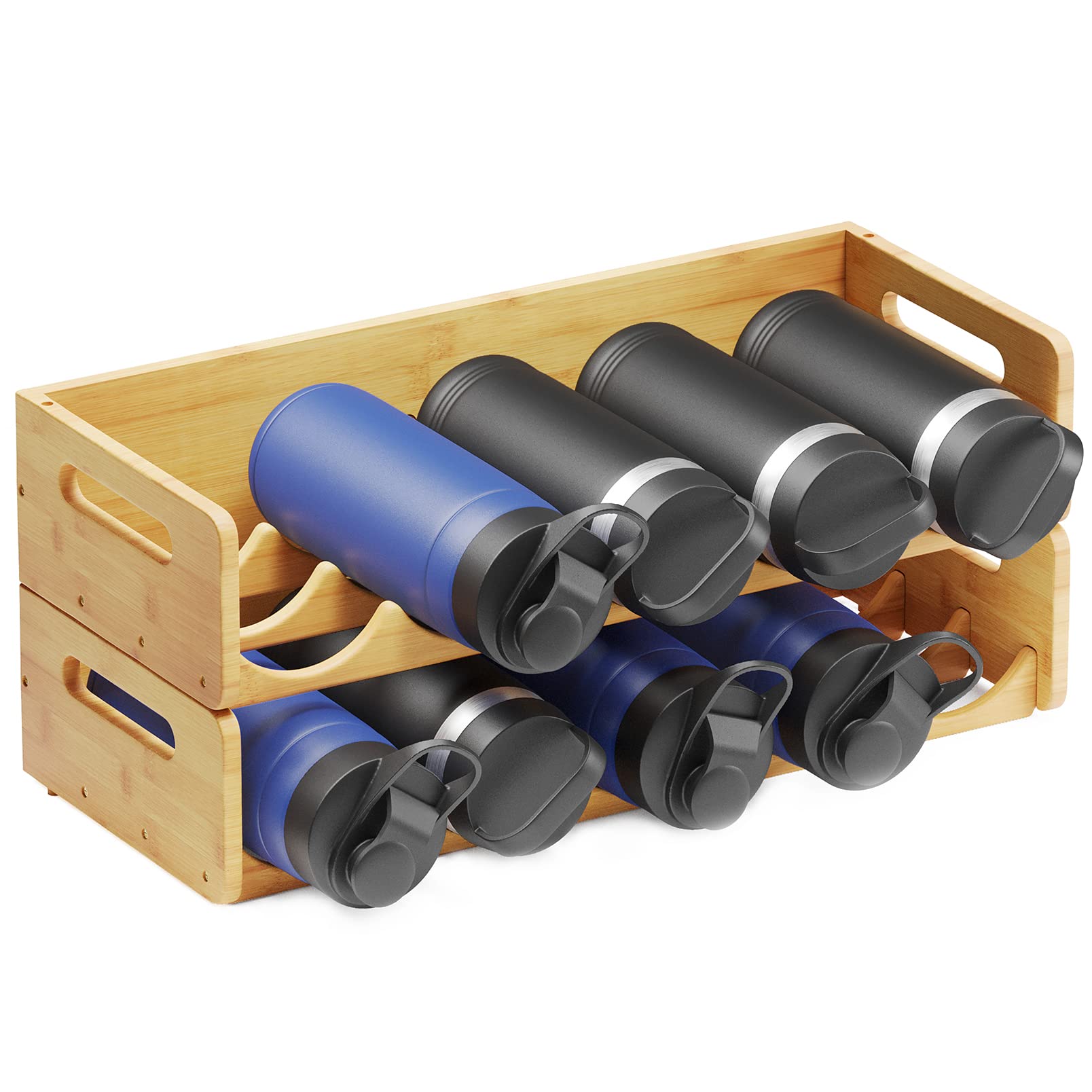 SpaceAid 2-Pack Bamboo Water Bottle Organizer with Labels - 5-Slot Kitchen Pantry Storage Rack for Cabinets, Home Cup & Wine Bottle Holder Shelf - Holds 10 Bottles - Perfect for Kitchen, Pantry, Office & RV Organization