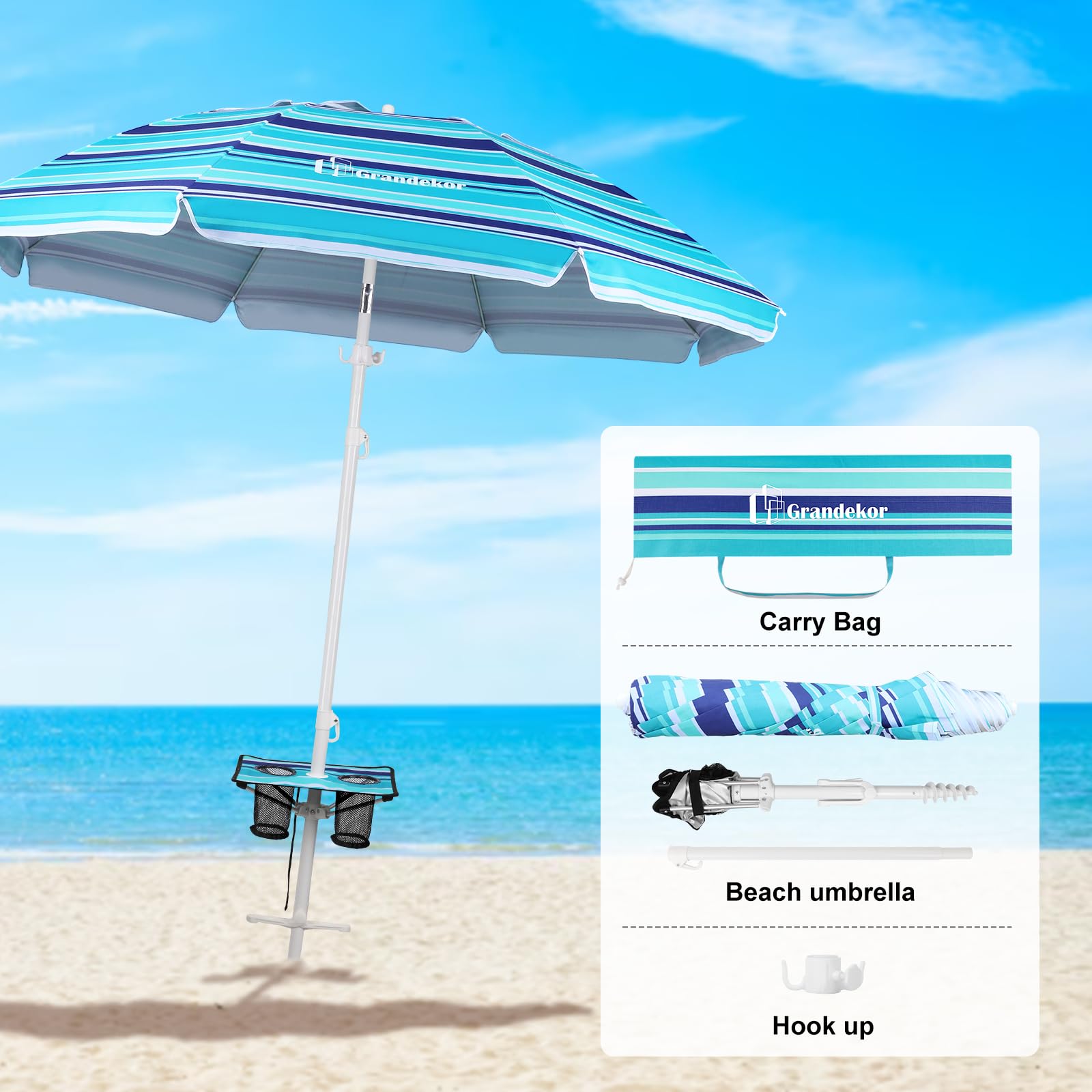 Premium Heavy Duty 7FT Beach Umbrella with Sand Anchor & Carry Bag - Windproof Portable Sun Shade with UV 50+ Protection - Perfect for Beach, Poolside, Picnics, and Outdoor Travel