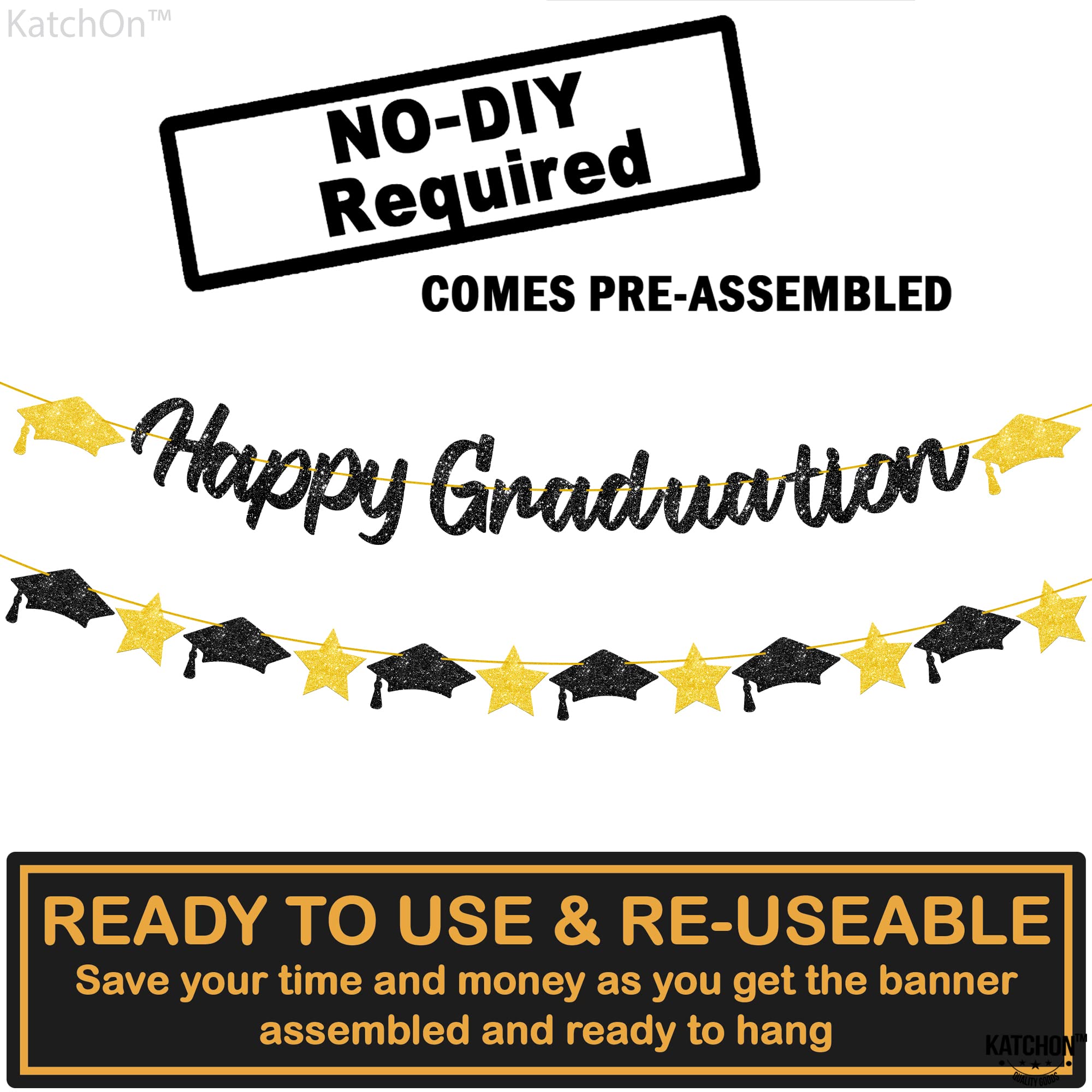 KatchOn 6.5ft Black & Gold Graduation Banner 2025 with Cap Garland - Ready to Use Graduation Party Decor for Class of 2025 - Perfect for High School & College Graduation Ceremonies, Photo Backdrops & Home Decor
