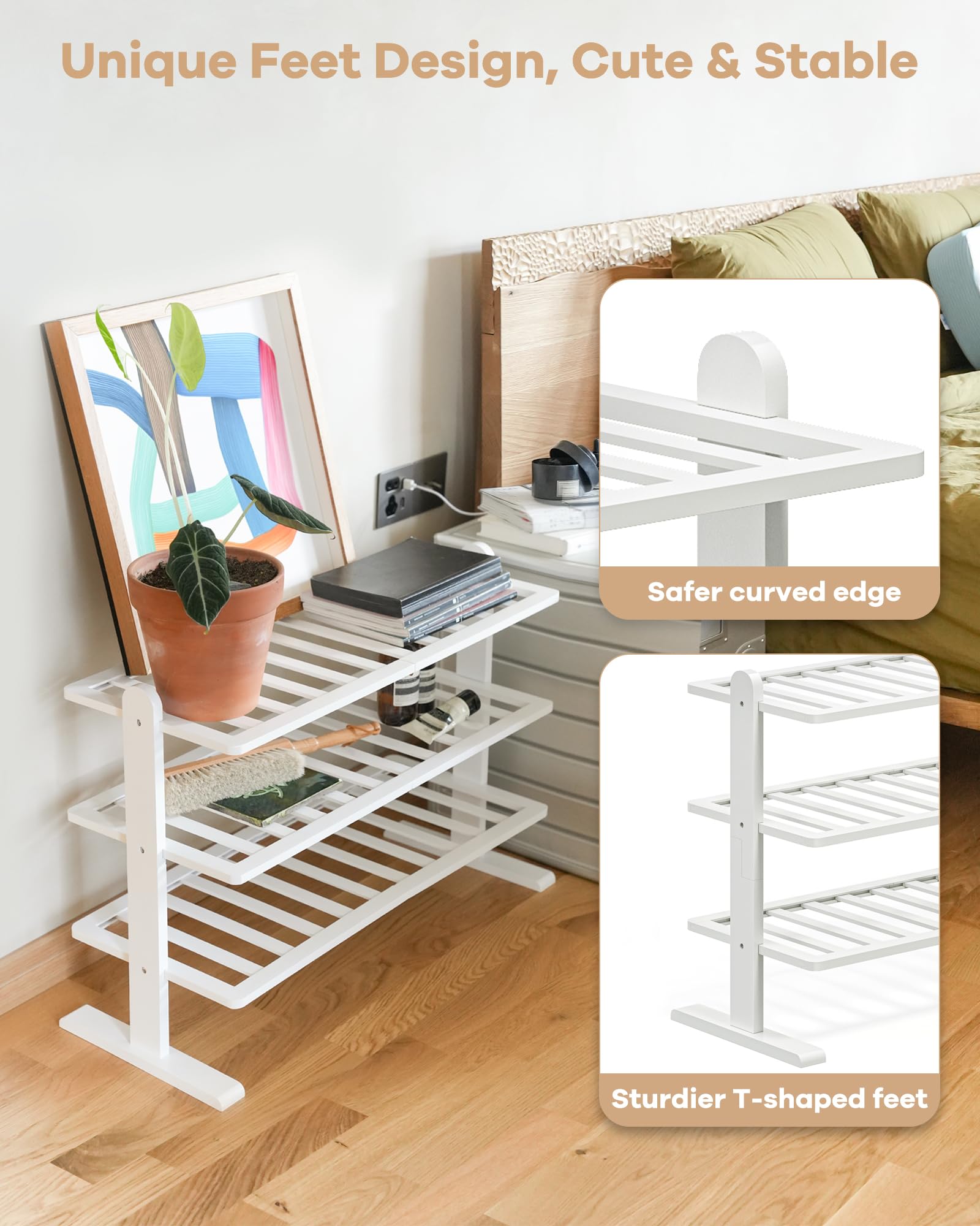 Varhomax 3-Tier White Bamboo Shoe Rack Organizer - Sturdy Free Standing Shoe Shelf for Small Spaces - Perfect for Closet, Entryway, Bedroom, Bathroom & Garage Storage - Ideal for Organizing Sneakers, Boots & Sandals in Compact Areas