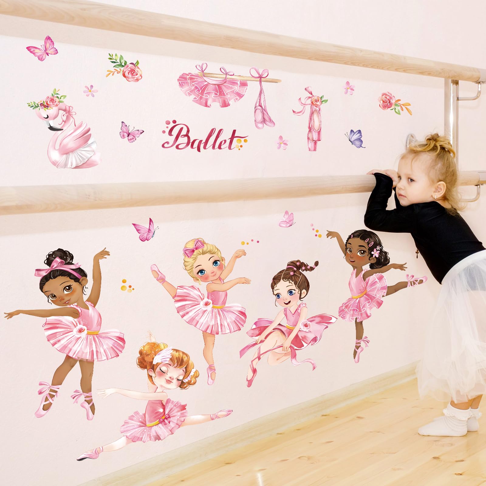 Wondever Ballet Girl Wall Stickers - Pink Ballerina Dancing Girl Peel & Stick Wall Art Decals for Girls Bedroom, Nursery & Kids Room Decor | Perfect for Birthday Gifts & Home Decoration