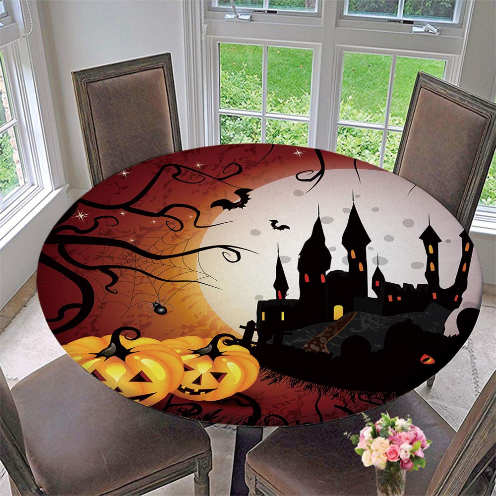 Elastic Edged Waterproof Round Table Cover - Halloween Pumpkin Design Tablecloth (Fits 43