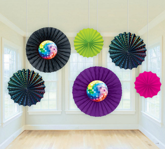 Vintage 70s Style Printed Paper Fan Decorations - Pack of 6 for Retro Party, Home Decor & Wedding Backdrop