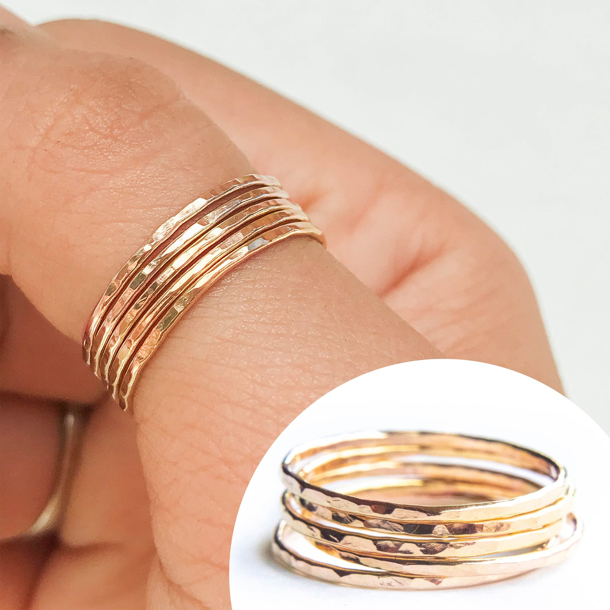 Hammered Stackable Rings for Women - Thin Minimalist Rose Gold Filled Rings (Size 6) - Perfect for Layering, Everyday Wear & Gift Giving