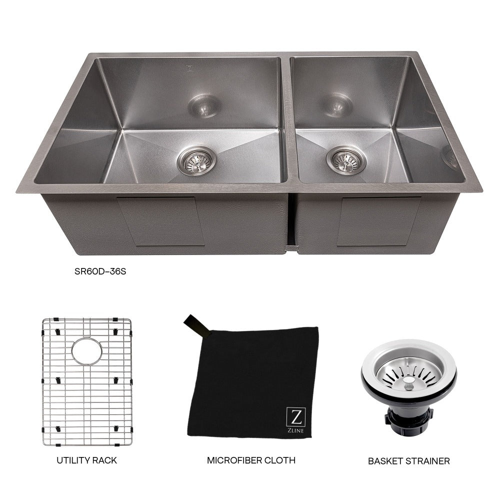 ZLINE 36-Inch Undermount Double Bowl Kitchen Sink - Satin Stainless Steel with Bottom Grid (Model SR60D 36S) | Perfect for Modern Kitchens, Restaurants & Food Prep Areas