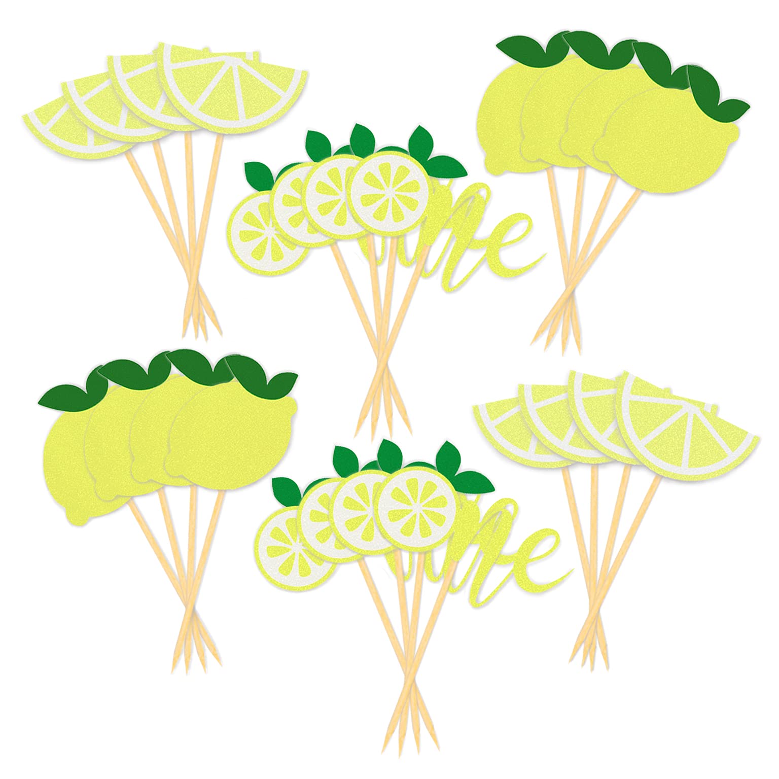 24pcs Glitter Lemon Cupcake Toppers - Baby Shower & Birthday Party Decorations - Lemon Themed Party Supplies - Perfect for Summer Parties, Bridal Showers & Dessert Table Decor