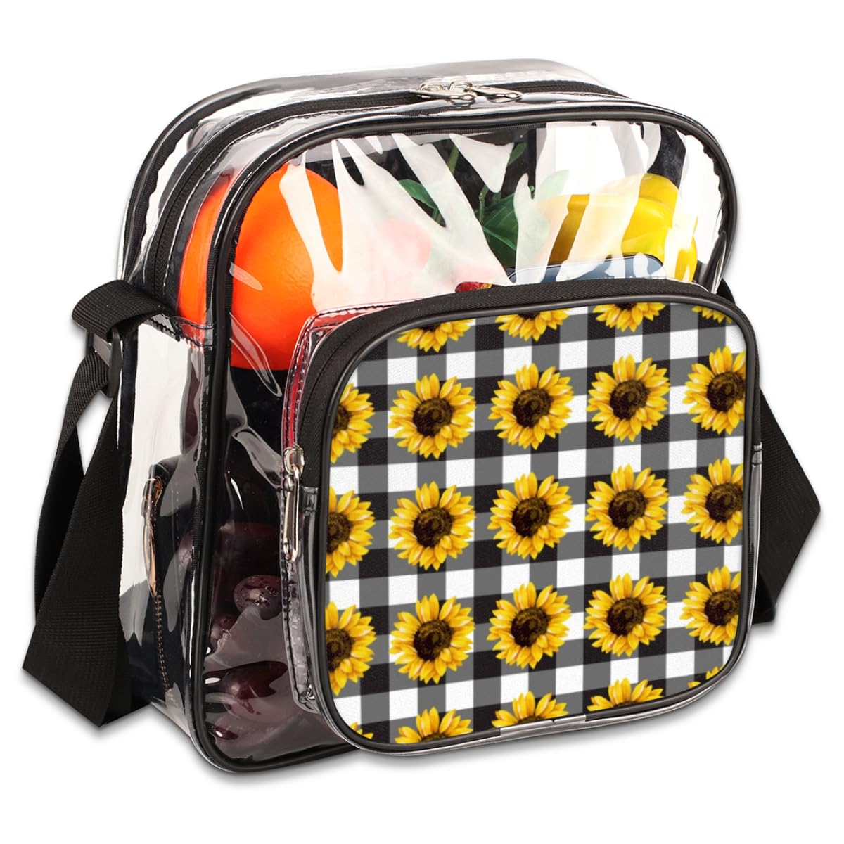 Sunflower Plaid Clear Crossbody Purse - Stadium Approved Transparent Bag for Women & Men | Perfect for Music Festivals, Sports Events & Concerts | Fashionable Yellow Floral Pattern Shoulder Bag