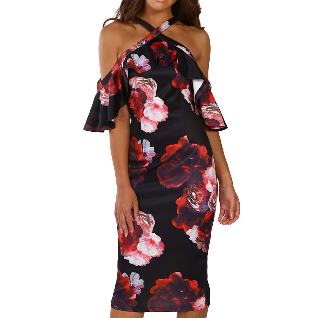 COOKI Women's Sexy Floral Print Halter Neck Bodycon Dress - Cocktail Party, Club, Beach & Summer Sundress | Perfect for Night Out, Vacation & Date Night