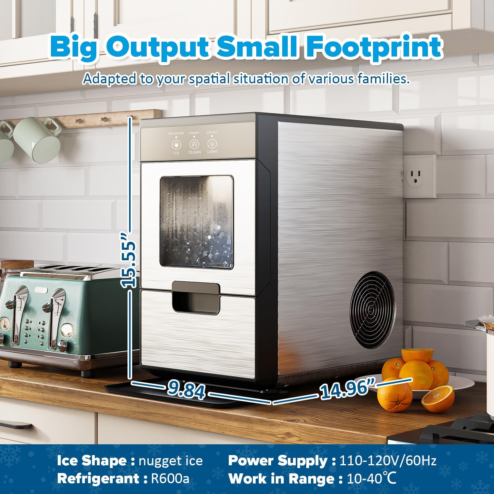 44Lbs Countertop Nugget Ice Maker - Stainless Steel Pebble Ice Machine with Ice Scoop & Removable Basket | Perfect for Home, Office, Parties & Cocktails