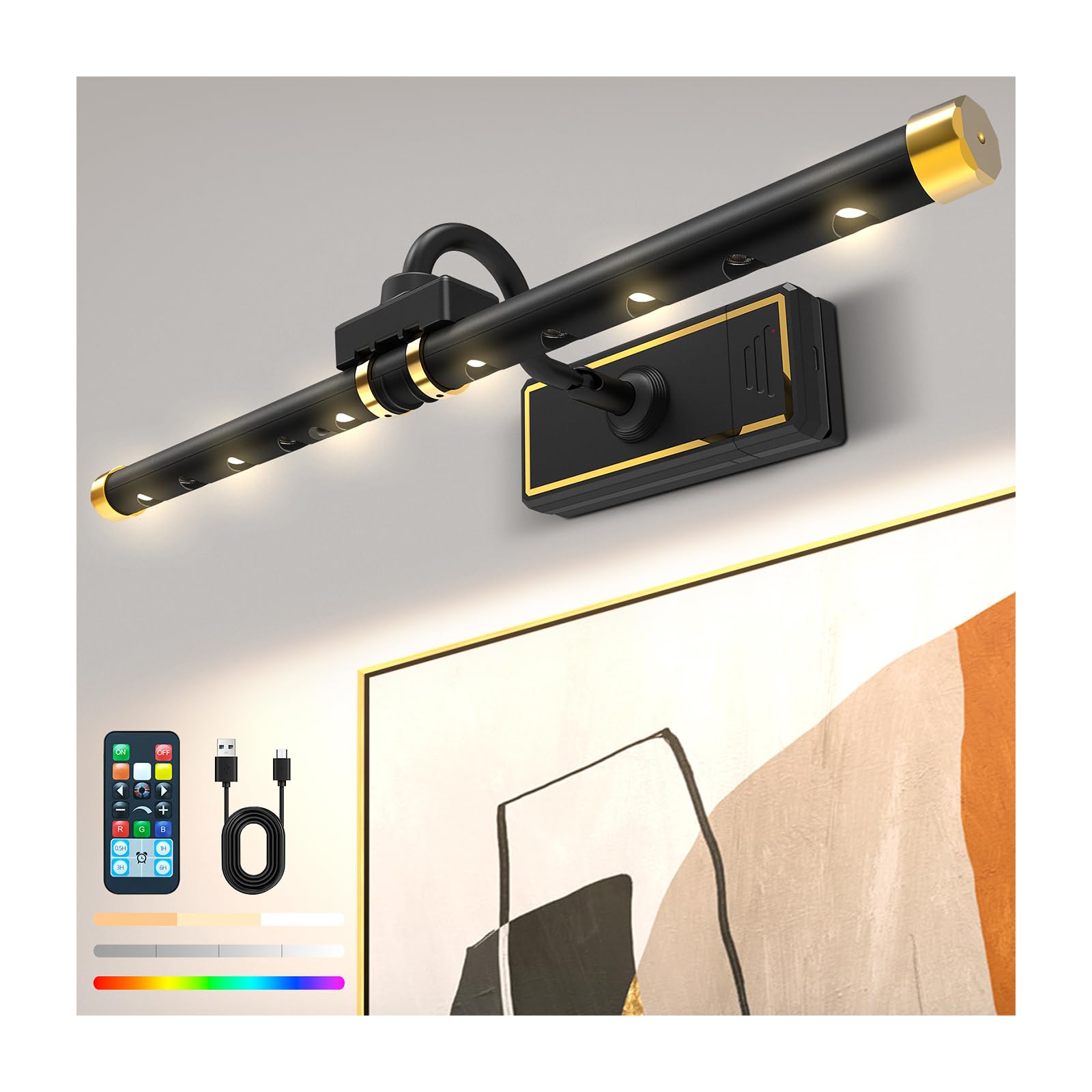Rechargeable RGB Wireless Picture Light with Remote & Timer - Dimmable Art Light for Paintings, Portraits, Picture Frames - Perfect for Home Gallery, Museum Display & Wall Decor (Black)