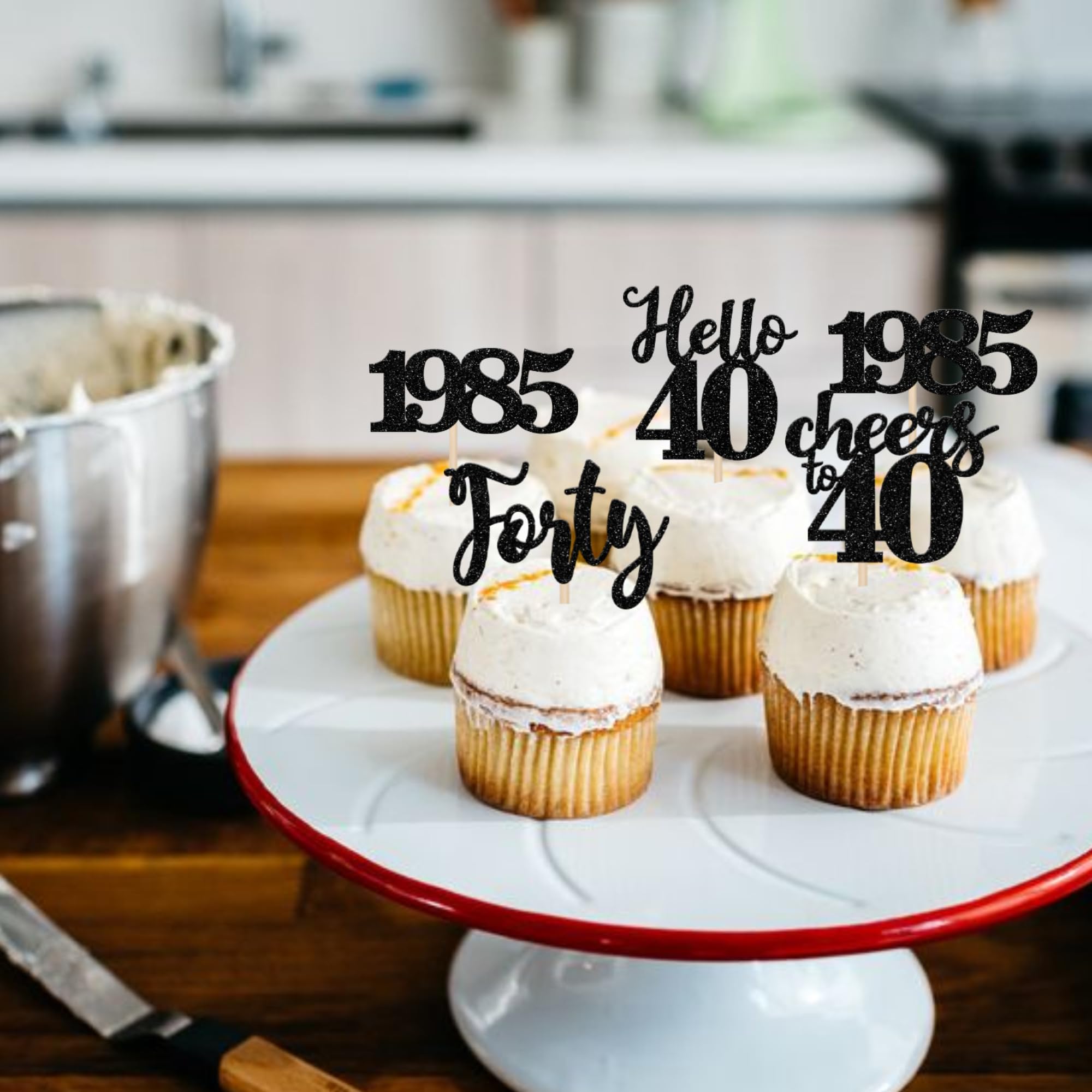 24 PCS Black Glitter 40th Birthday Cupcake Toppers - Cheers to 40 Since 1985 - Hello Forty Cake Decorations for Happy 40th Anniversary Party Supplies | Perfect for Birthday Celebrations, Milestone Events & Cake Decorating