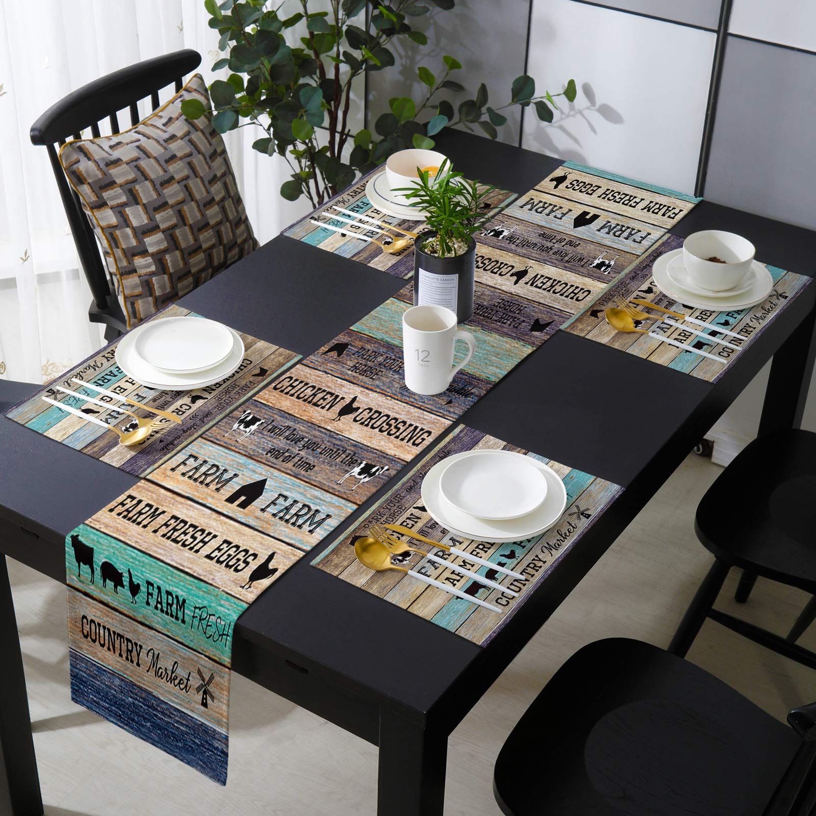 Farmhouse Style 70 Inch Cotton Linen Table Runner and 6-Piece Placemats Set - Barn Animal & Fresh Eggs Design for Dining Table Decor - Perfect for Rustic Weddings, Thanksgiving Dinner, and Farmhouse-Themed Home Decor