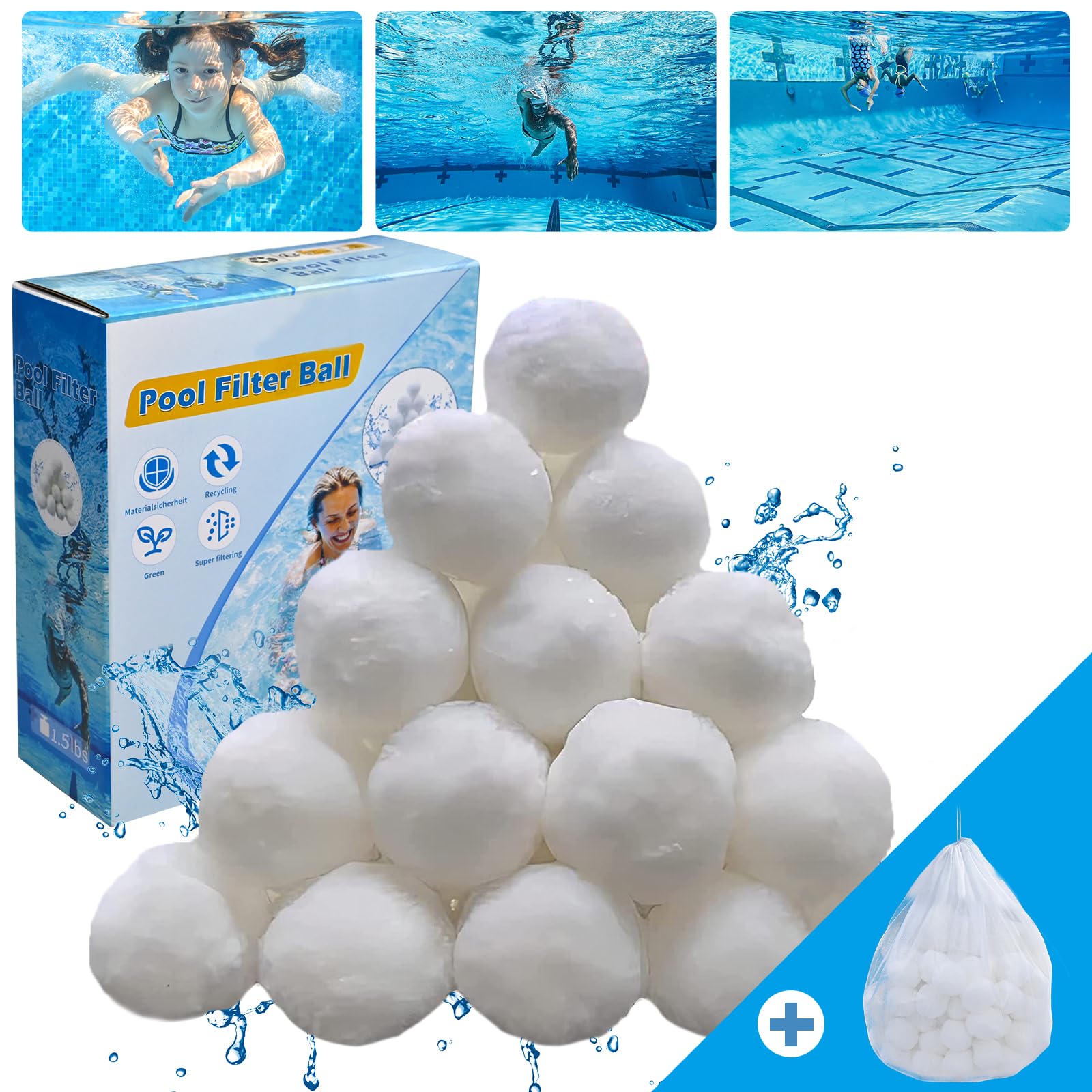 1.5 lbs Pool Filter Balls for Sand Filter Pump - Eco-Friendly Fiber Filter Media for Above Ground Pools (Replaces 50 lbs Sand) | Perfect for Pool Maintenance, Water Filtration & Sand Filter Replacement