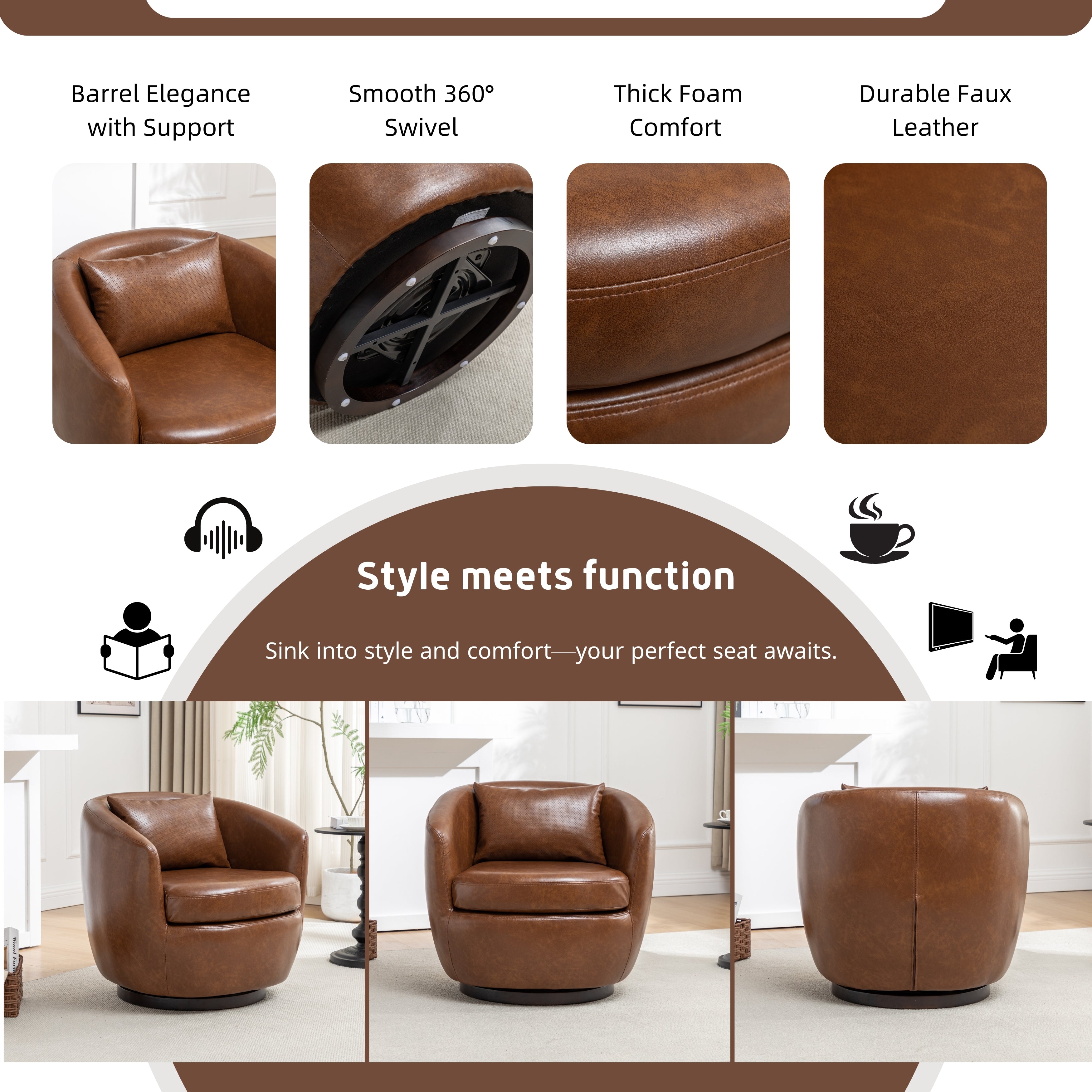 Roundhill Furniture Orenza Modern Faux Leather Swivel Barrel Accent Club Chair - Stylish Living Room Seating for Home Office & Lounge Areas