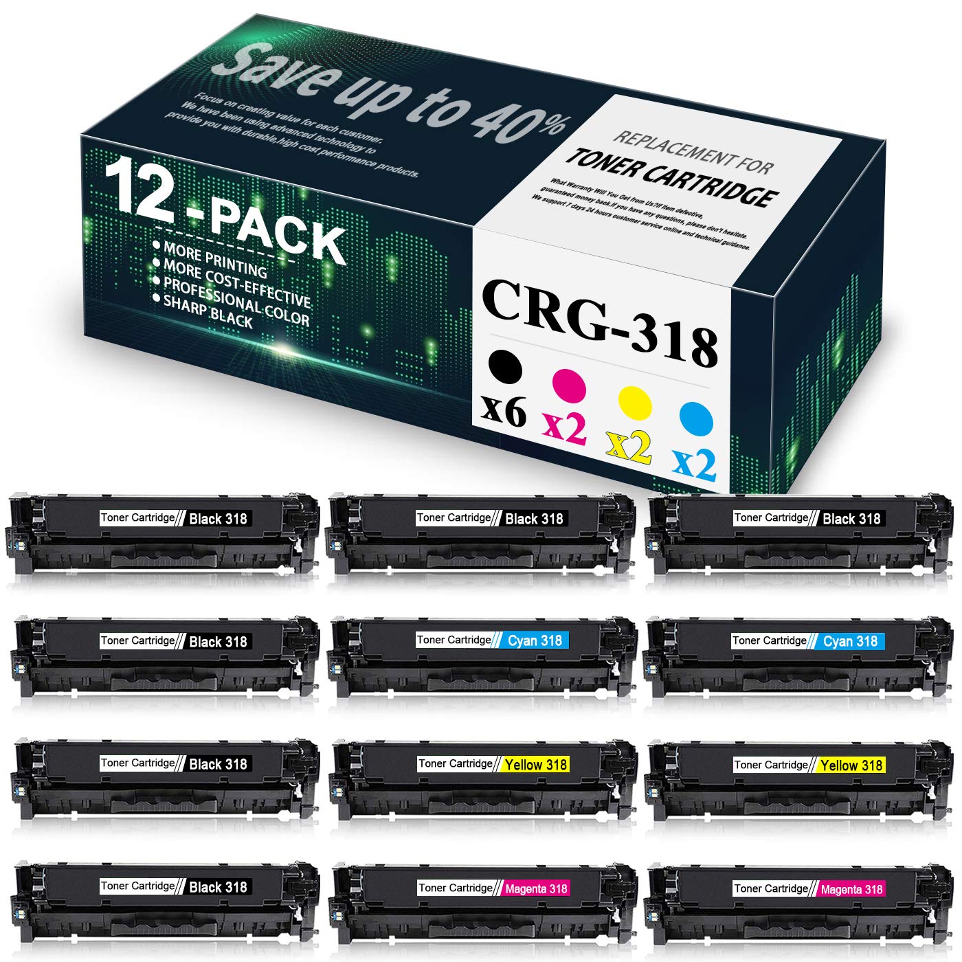 12-Pack CRG-318 Toner Cartridges for Canon Printers - Home & Office Use
