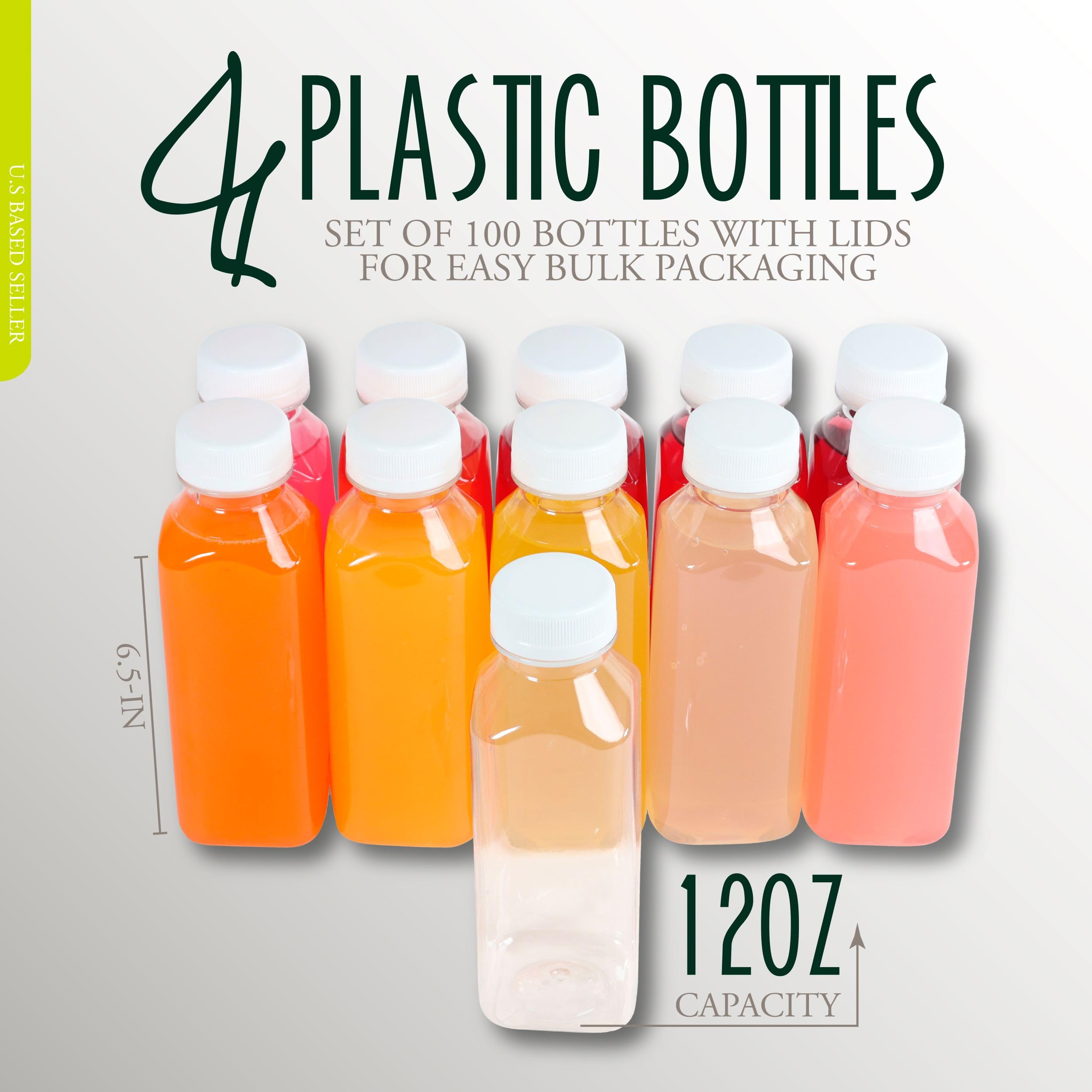 G Francis 12oz (355mL) Clear PET Plastic Juice Bottles with White Lids - 100 Pack Cold Press Green Juice & Smoothie Containers - Sealable Drink Bottles for On-The-Go, Meal Prep, Juice Bars & Home Brewing