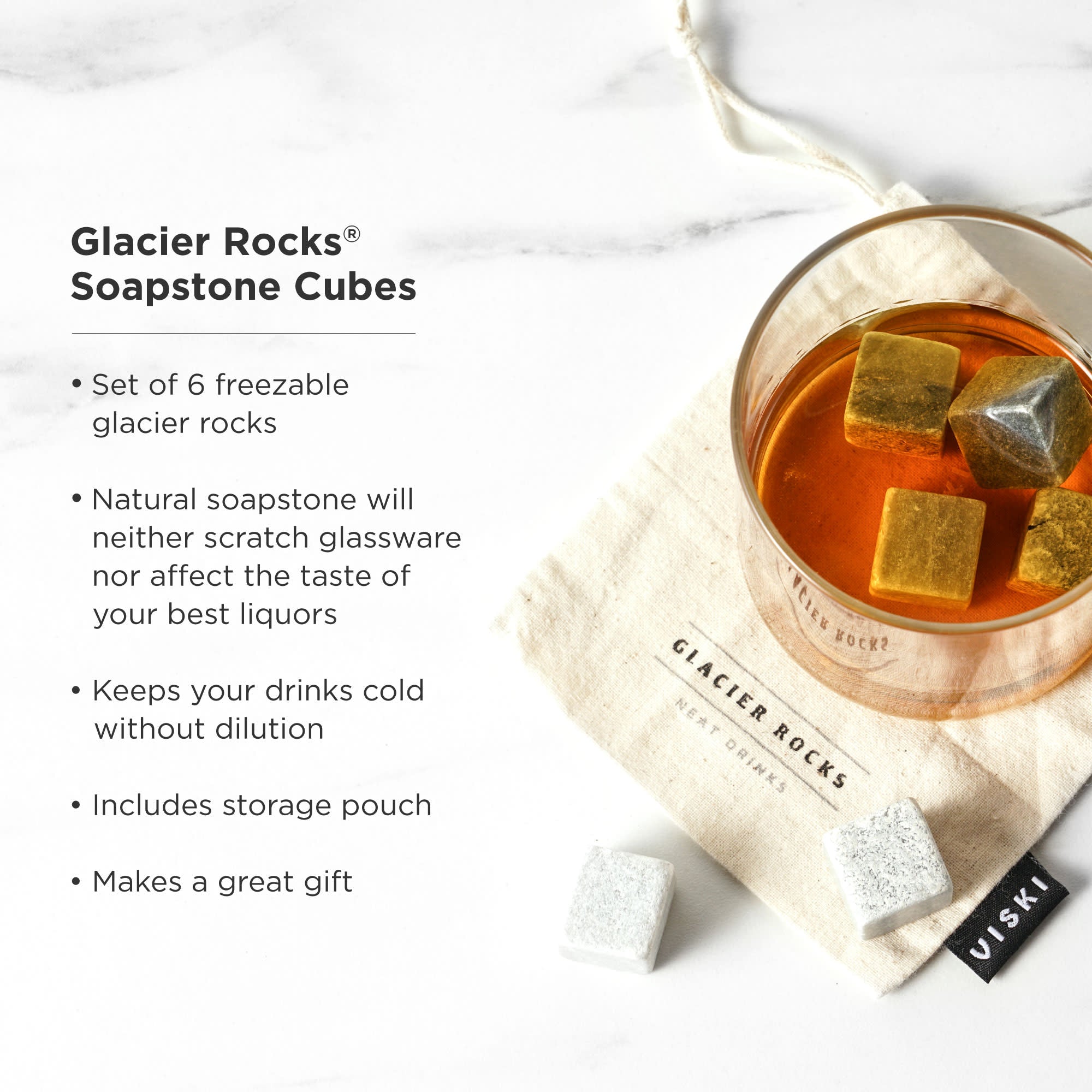 Premium Soapstone Cube Set of 6 - Natural Glacier Rocks for Whiskey Stones, Home Decor & Massage Therapy | Perfect for Chilling Drinks, Zen Gardens & Spa Treatments