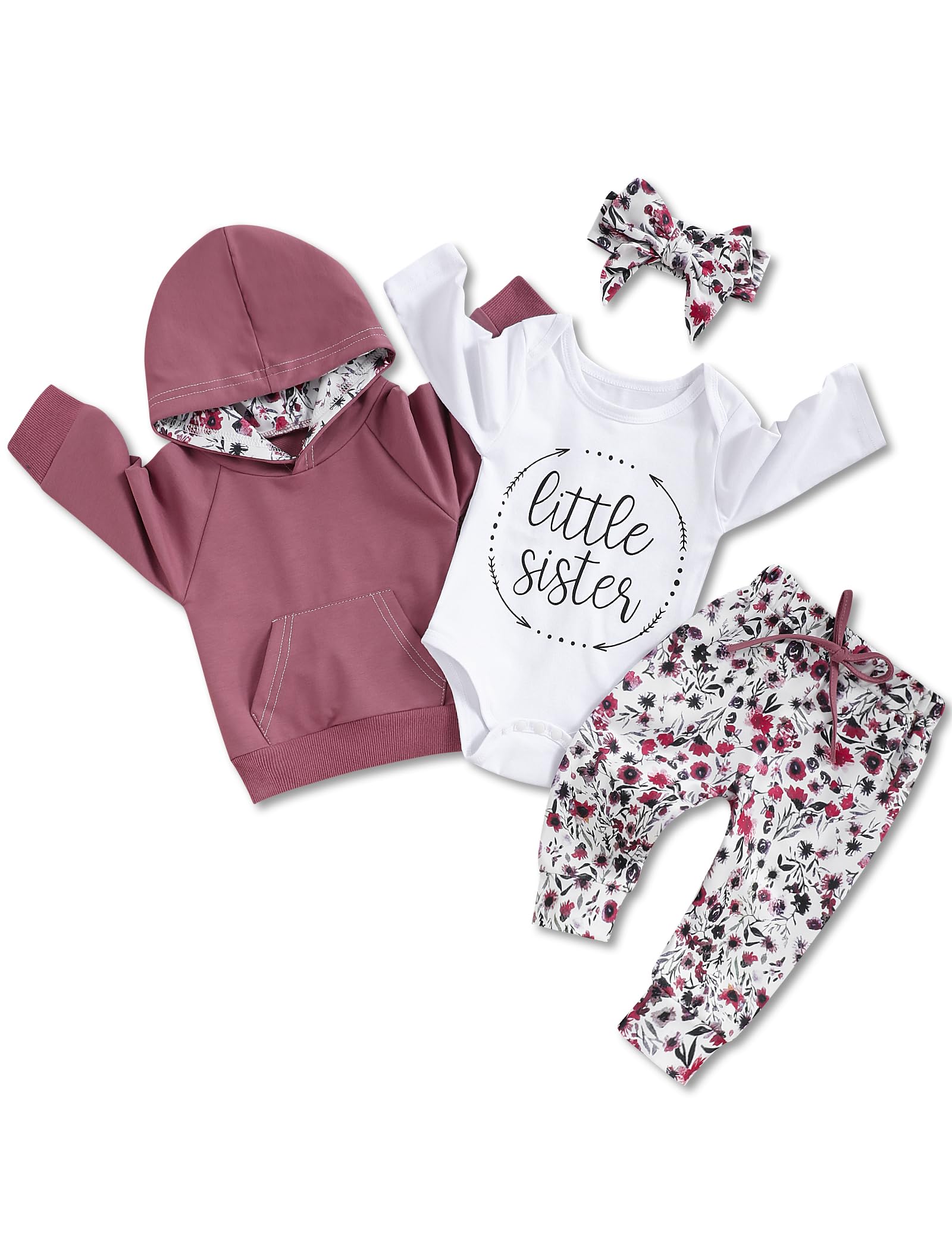 OKLady Baby Girl Clothes Set - 4PCS Floral Romper Hoodie Tops & Pants with Cute Headband | Little Sister Outfits for Fall | Perfect for Family Photos, Playdates & Special Occasions