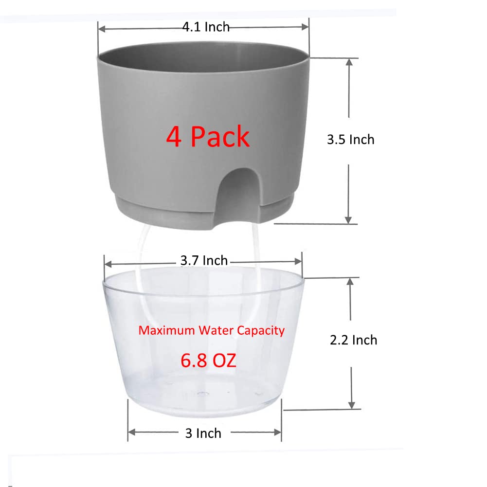 Self Watering Planters 4 Pack – 4.1 Inch African Violet Pots with Transparent Water Reservoir, Modern Decorative Indoor Flower Pots for House Plants, Succulents, Herbs – Perfect for Home, Office, Kitchen Decor (Gray)