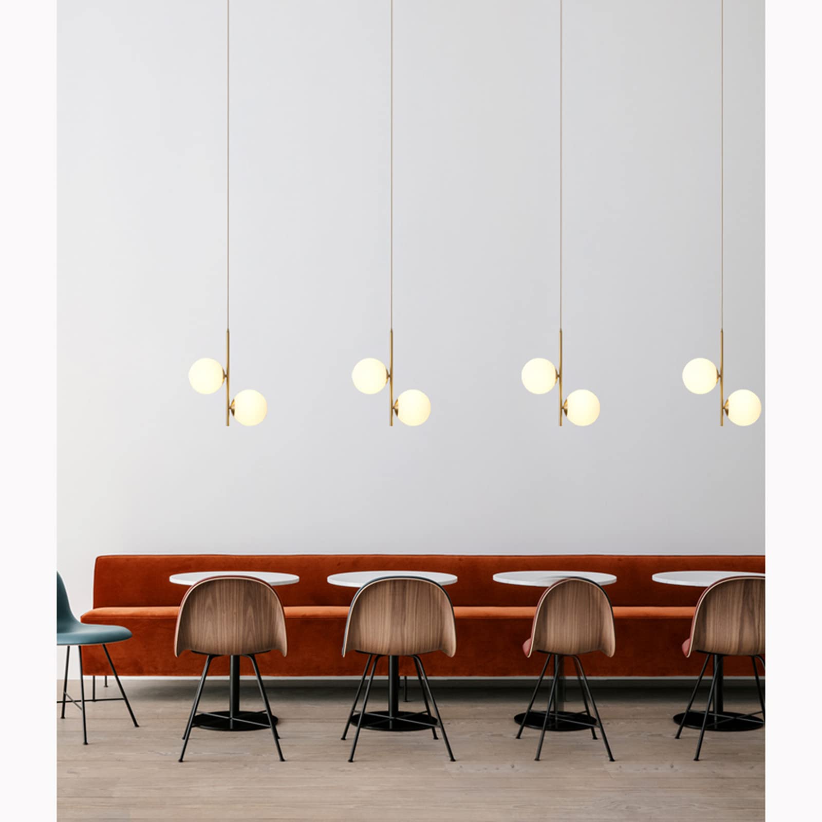 2-Light White Glass Pendant Light Fixture with Brass Gold Metal - Modern Globe Chandelier for Dining Room, Kitchen Island, or Bedroom Ceiling Lighting