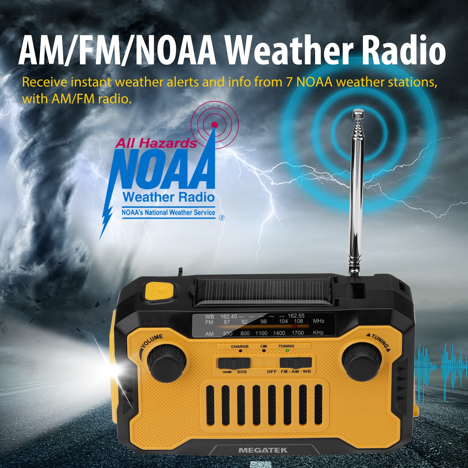 Megatek Emergency NOAA Weather AM/FM Radio - 5000mAh Solar & Hand Crank Power Bank with USB-C Phone Charger, Flashlight & Reading Light - Perfect for Camping, Hiking & Emergency Preparedness