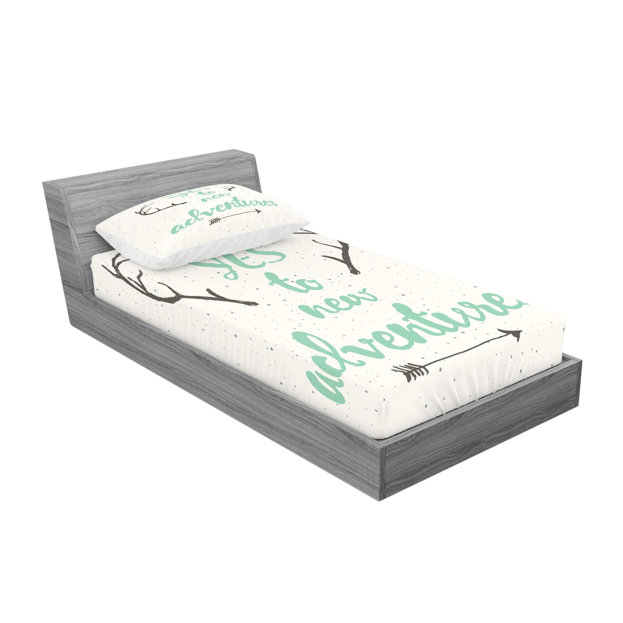 Ambesonne Adventure Fitted Sheet & Pillow Sham Set - Calligraphic Deer Antlers & Arrows on Grunge Dotted Background, Decorative Printed 2-Piece Twin Bedding Set in Charcoal Grey & Sea Green | Perfect for Hunting Lodge, Cabin Decor & Outdoor-Themed Bedrooms