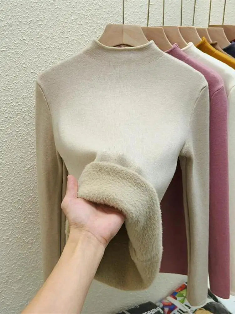 Women's Solid Half High Neck Velvet Sweater - Korean Fashion Warm Knitwear Long Sleeve Pullover Top for Autumn Winter | Cozy Casual Wear, Office Outfits & Holiday Layering