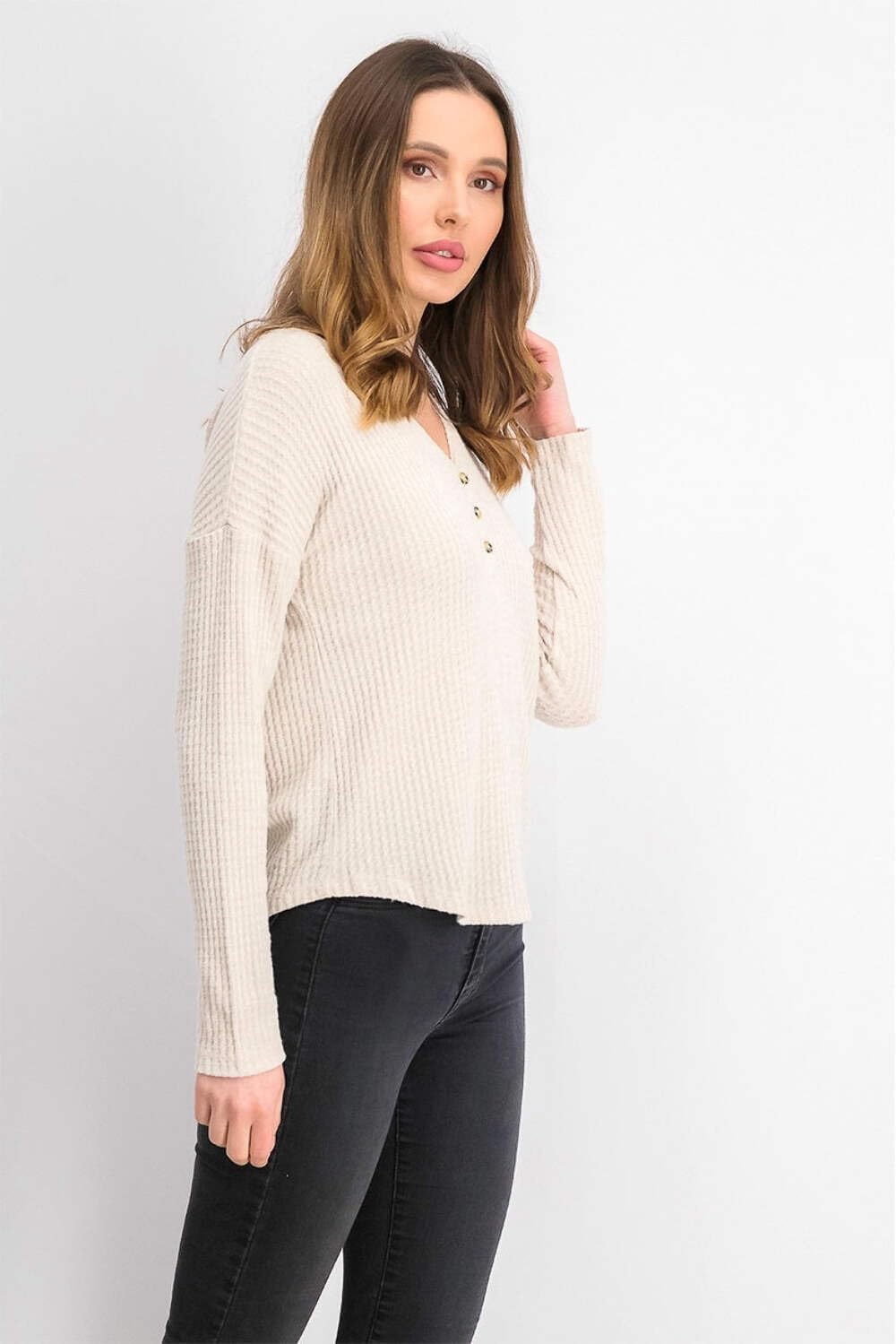 Juniors' Brown Henley Waffle Knit Top - Medium Size | Casual Wear, Layering, Everyday Comfort