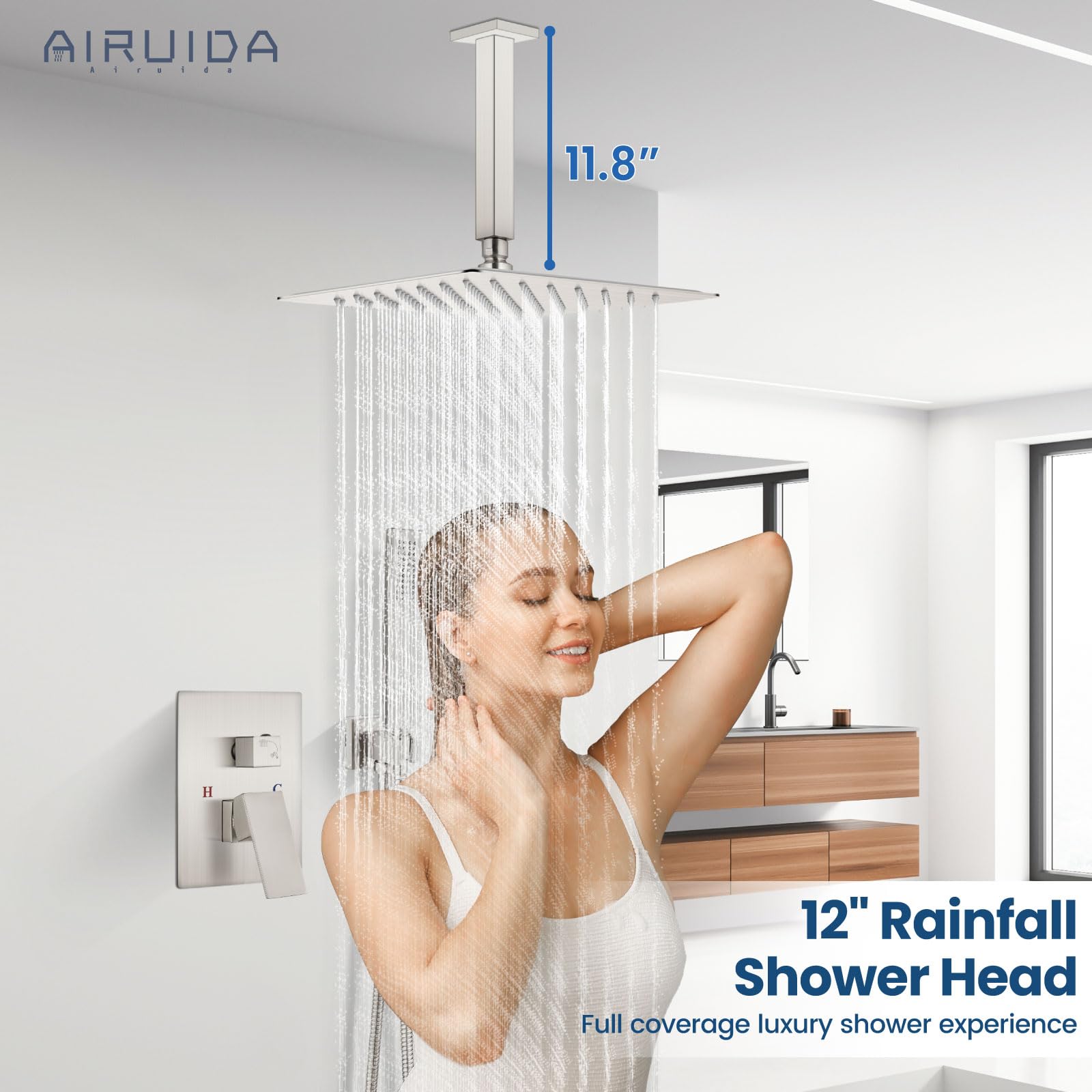 12 Inch Ultra-Thin Ceiling Mount Rain Shower System - Brushed Nickel SUS304 Luxury Shower Head with Handheld & Rough-in Valve - Perfect for Modern Bathroom & Spa Experience