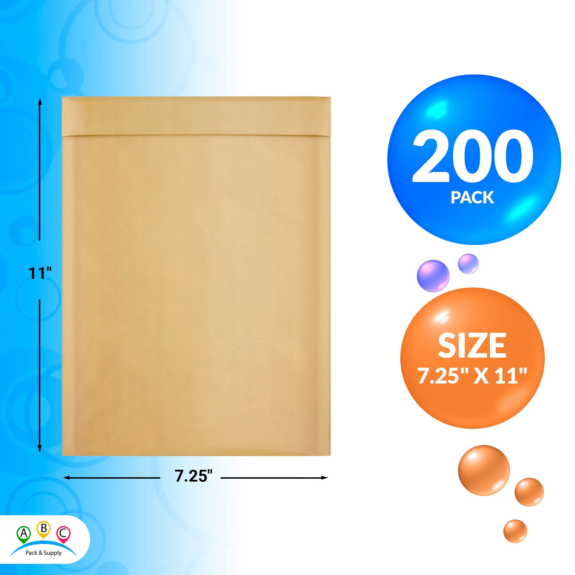 ABC 7.25x11 Inch Brown Kraft Bubble Mailer Envelopes - 200 Pack Water-Resistant Self Seal Padded Mailing Envelopes for Jewelry, Cosmetics, Small Gifts & Ecommerce Shipping - Perfect for Online Sellers, Small Businesses & Home Shipping Needs