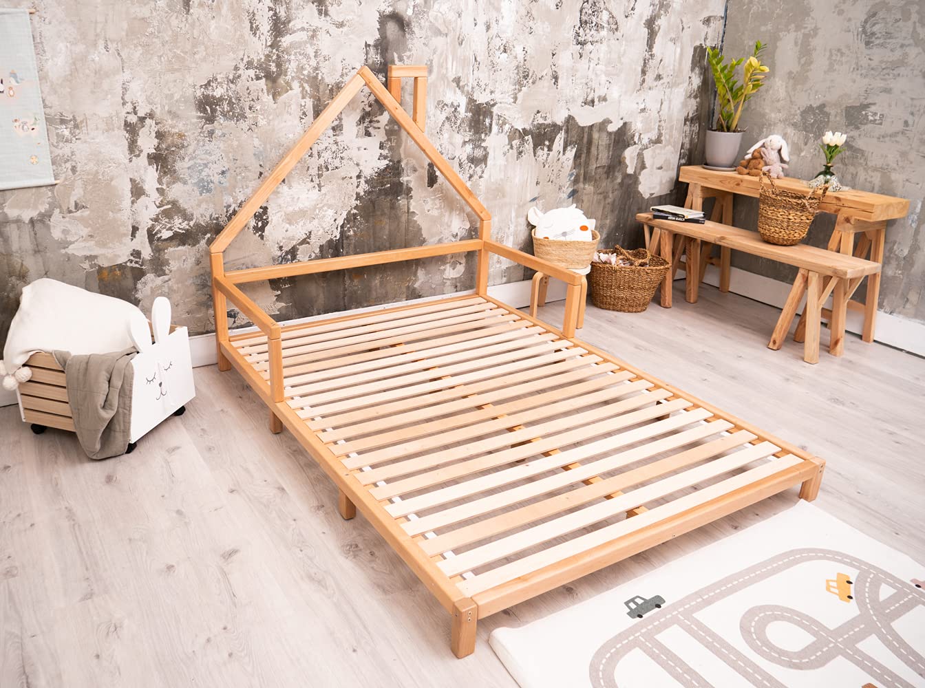 Montessori Toddler Bed - Twin/Full/Queen Size Floor Bed with Safety Rails - Solid Wood House Bed Frame for Kids - Safe & Stylish Toddler Bedroom Furniture (Model 3) - Perfect for Montessori Rooms, Daycare Centers & Cozy Kids' Bedrooms