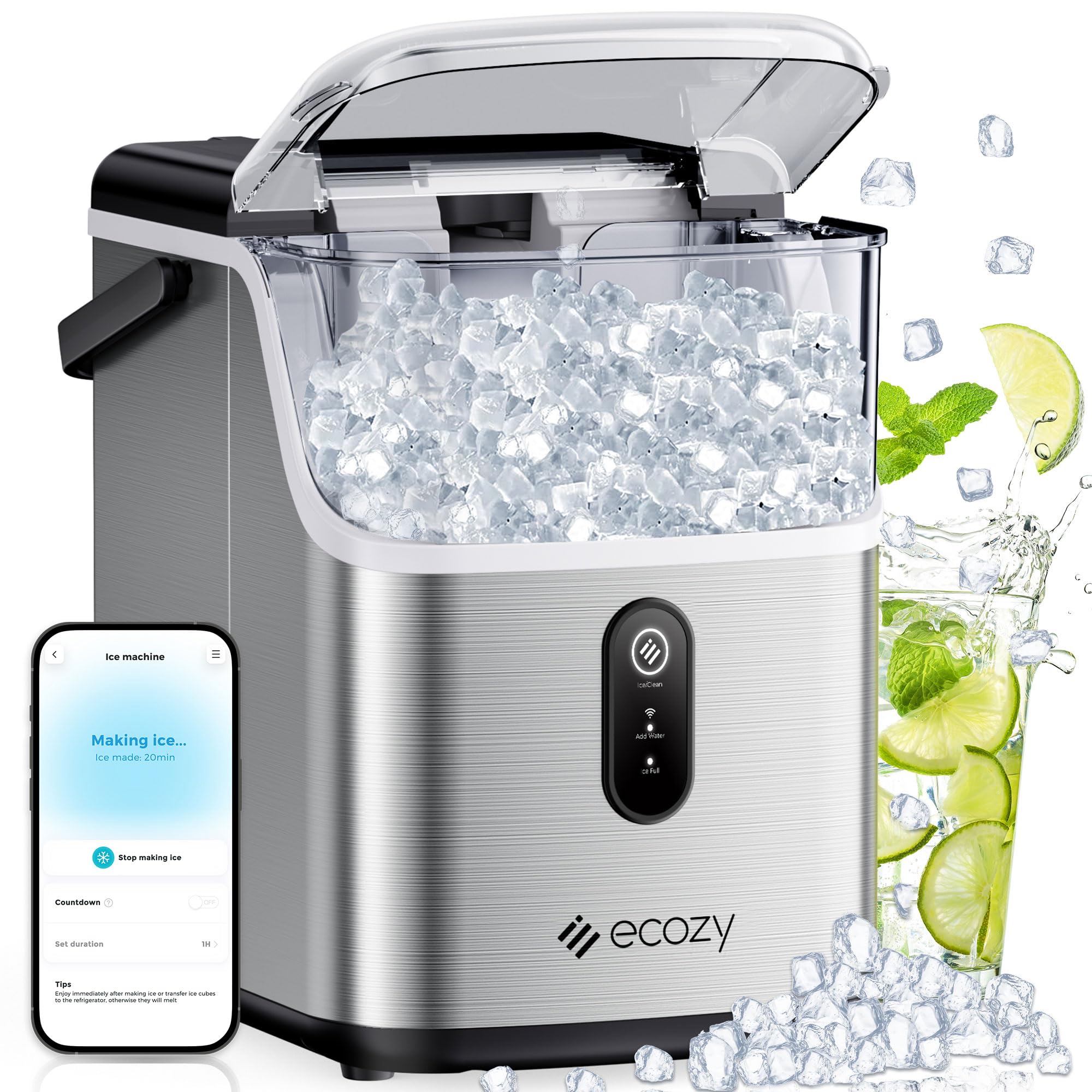 Ecozy Smart Countertop Nugget Ice Maker - 35lbs/24H Soft Chewable Pebble Ice Machine with Self-Cleaning & Voice Control for Home, Kitchen, Bar, Office - Stainless Steel - Perfect for Cocktails, Sodas, and Party Drinks