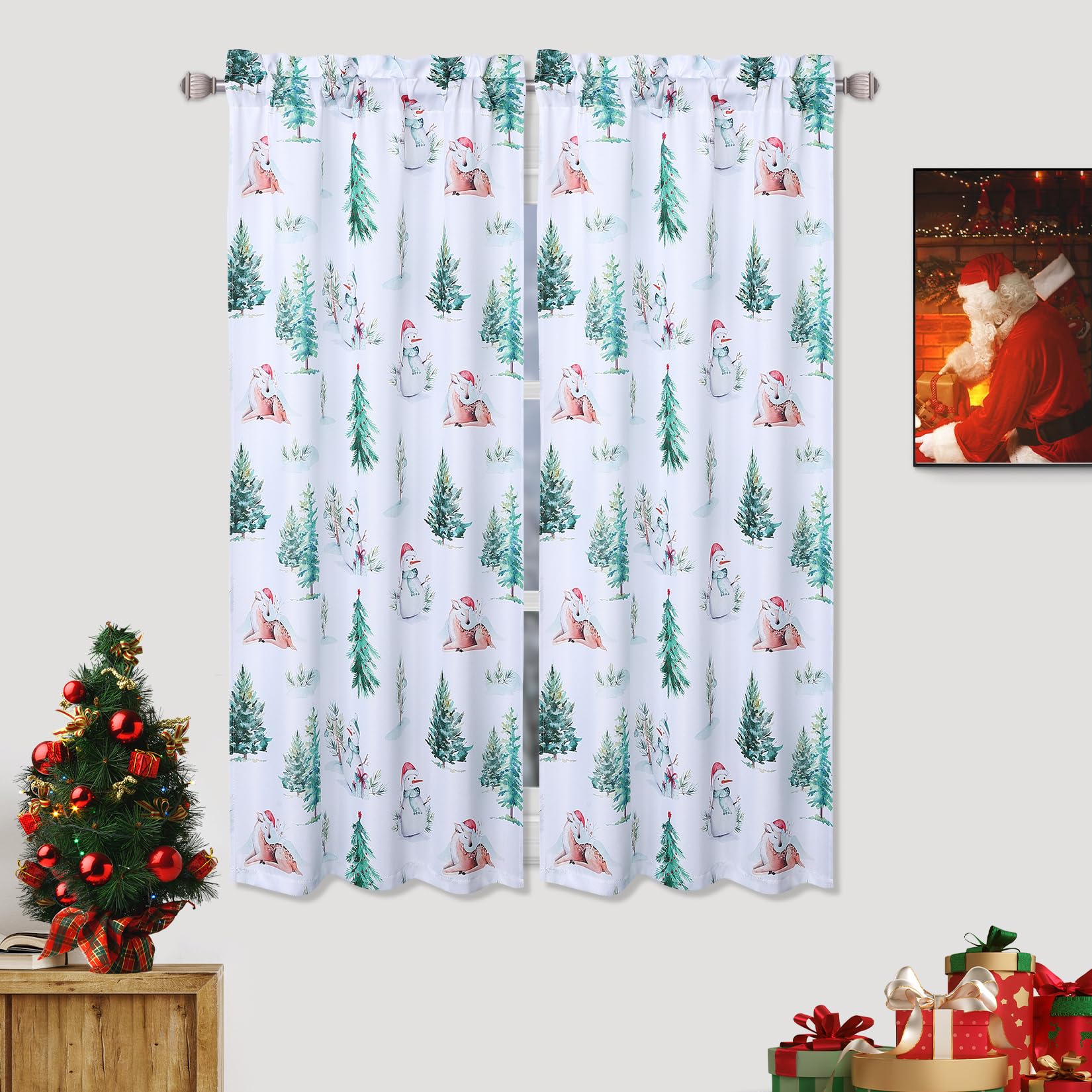 ROYGROW Christmas Window Curtains 30 Inch - 2 Panels Holiday Decor with Tree Snowman Reindeer Design, Rod Pocket Kitchen & Bathroom Curtains, Velvet Winter Decorations in White and Green, 27W x 30H - Perfect for Christmas Home Decor, Holiday Party, and Winter Season Gifts