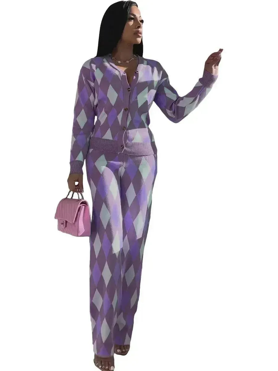 Stylish Women's Knit Geometric Print Two-Piece Pants Set | Trendy Outfit for Casual Wear, Office & Date Nights