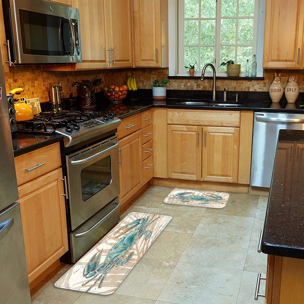 2-Piece Non-Slip Kitchen Rugs Set - Blue Crab Ocean Theme Washable Floor Mats, Durable Doormat & Runner Carpet with Underwater Submarine Design | Perfect for Coastal Kitchens, Beach House Entryways & Nautical Home Decor