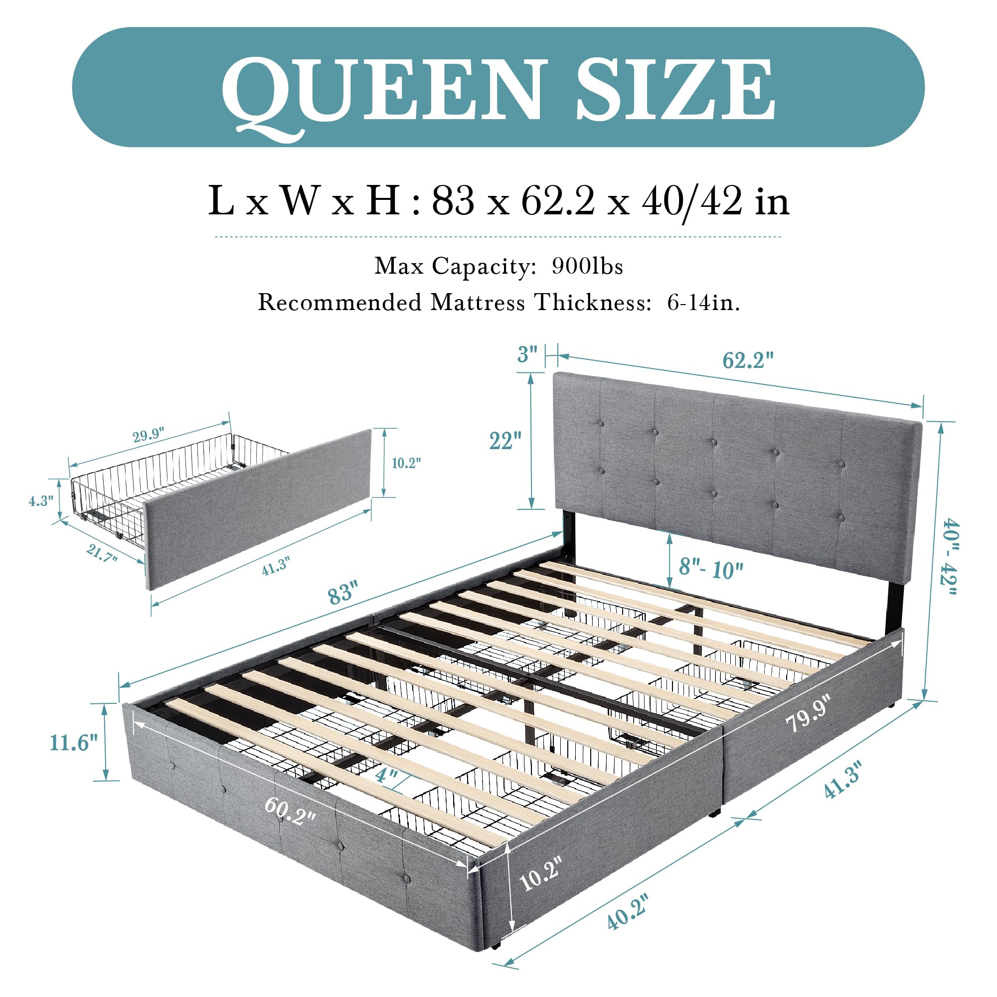 HOOMIC Queen Size Storage Bed Frame with 4 Drawers - Adjustable Tufted Headboard, Wooden Slats Support, No Box Spring Needed | Noise Free, Easy Assembly | Light Grey Modern Platform Bed for Small Space Bedroom, Guest Room & Apartment