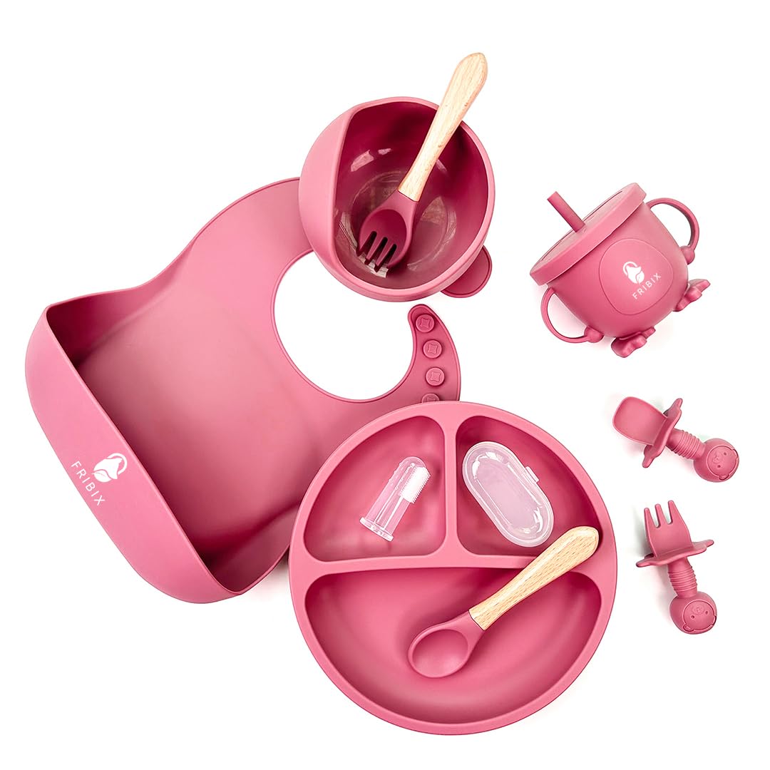 Fribix 9-Piece Silicone Baby Feeding Set | Self-Feeding Essentials for Toddlers & Baby Led Weaning | Includes Suction Plate, Bowl, 2 Spoons, 2 Forks, Cup with Lid & Adjustable Bib | Perfect for Home, Travel & Daycare Use