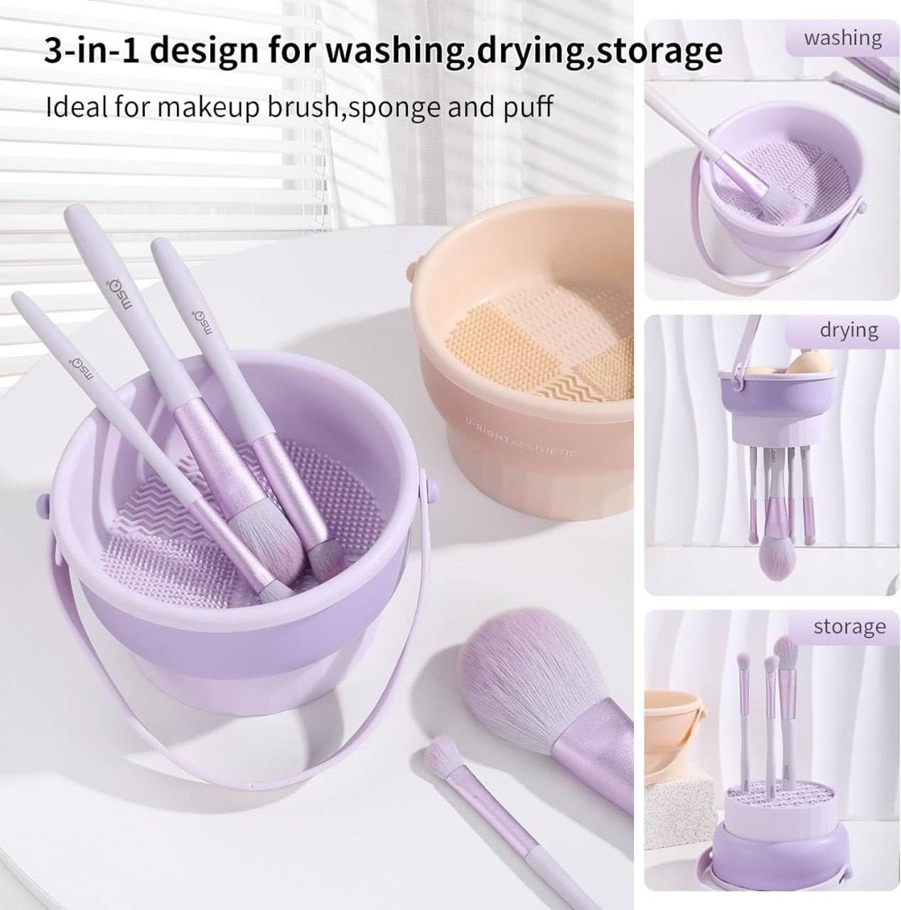 3 in 1 Silicone Makeup Brush Cleaner Mat with Drying Holder - Professional Cosmetic Brush Washing Tool for Makeup Brushes, Sponges & Powder Puffs - Multicolor Beauty Accessory for Home & Salon Use