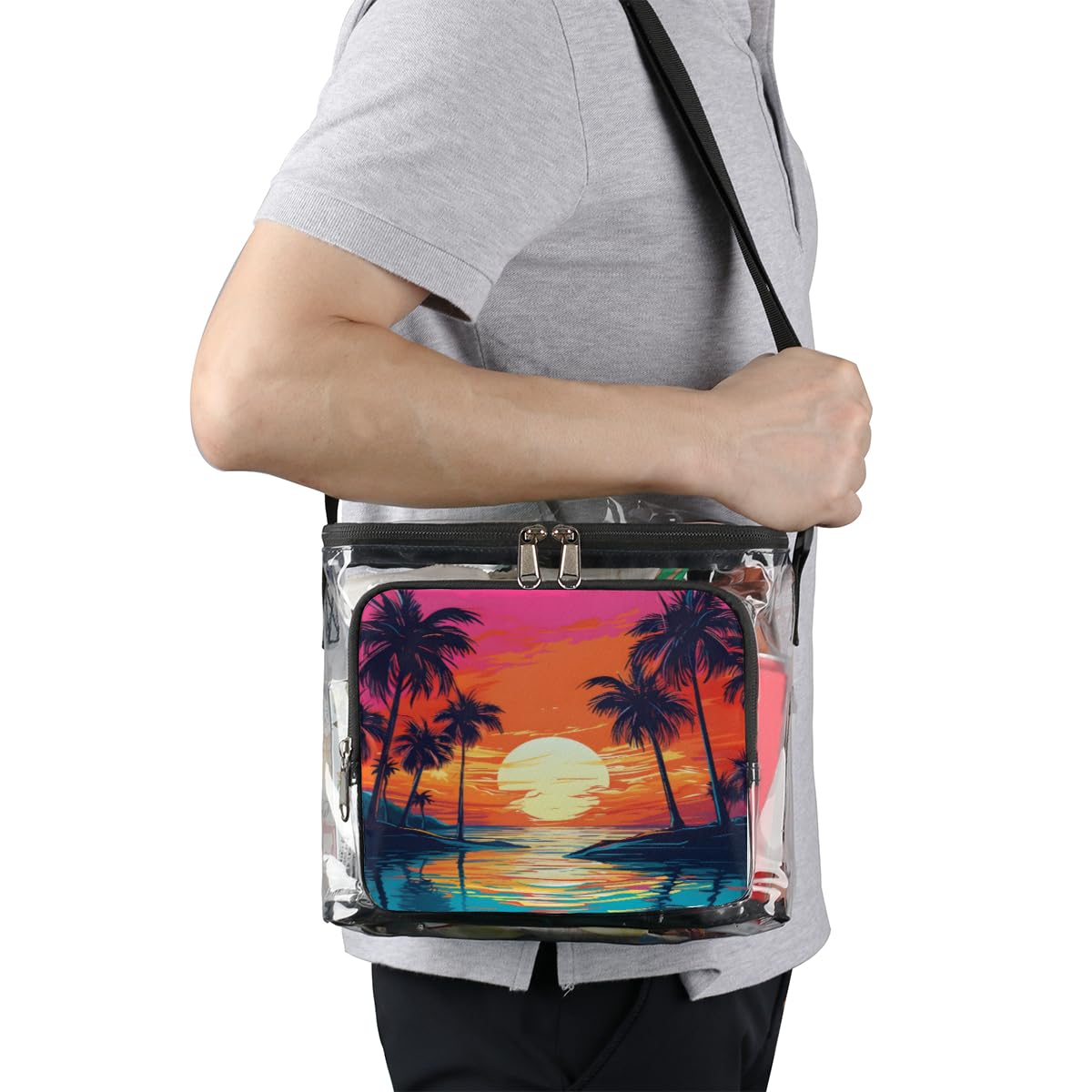 GzLeyigou Clear Transparent Beach Tote Bag with Handles - Waterproof Sunset Design with Coconut Palm Print - Perfect for Outdoor Travel, Picnic, Concerts & Sports Events - Stadium Approved Shoulder Bag for Women & Men