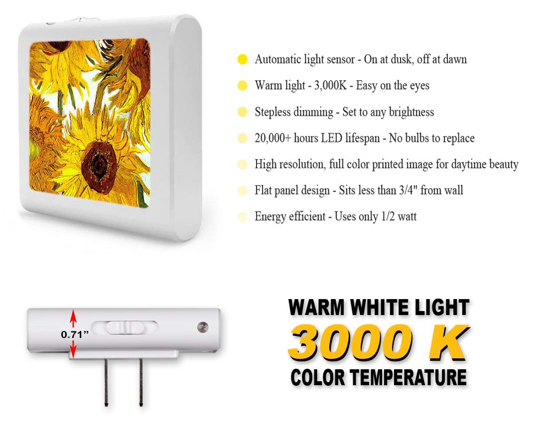 Dimmable LED Night Light with Auto On/Off Sensor, Adjustable Brightness & Warm White Light - Perfect for Bathroom, Hallway, Nursery & Bedroom - Van Gogh Sunflowers II Design - Energy Saving Plug-in Nightlight for Kids, Adults & Seniors